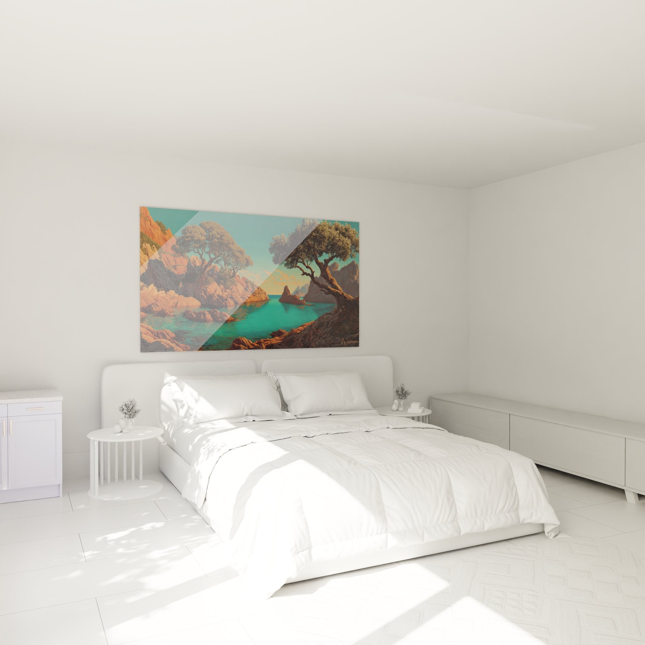 Ambiance chambre avec tableau mural paysage côtier méditerranéen eaux turquoise décoration bord de mer