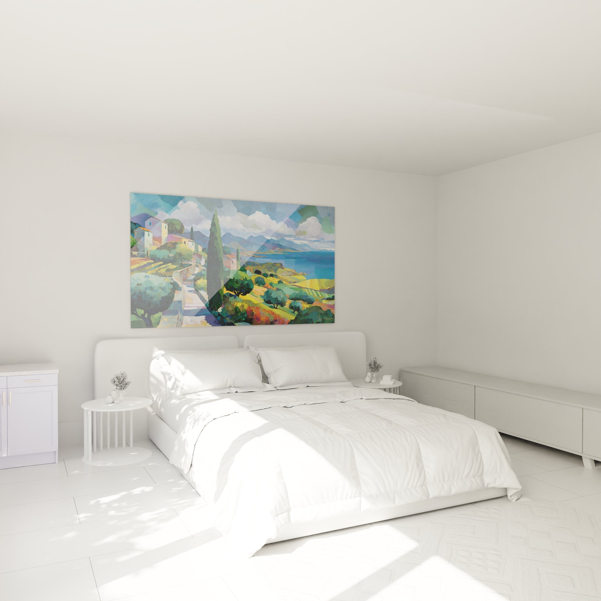 Ambiance chambre avec tableau paysage méditerranéen côtier, décoration murale mer