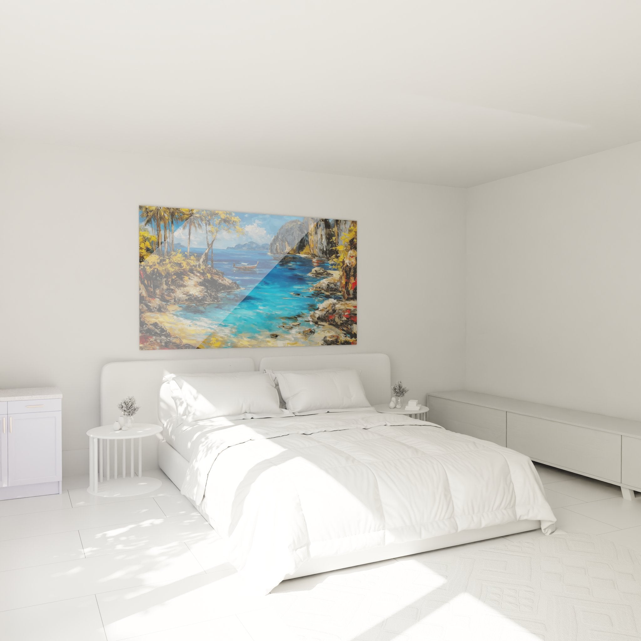 Ambiance chambre avec tableau crique tropicale, décoration murale plage aux couleurs apaisantes
