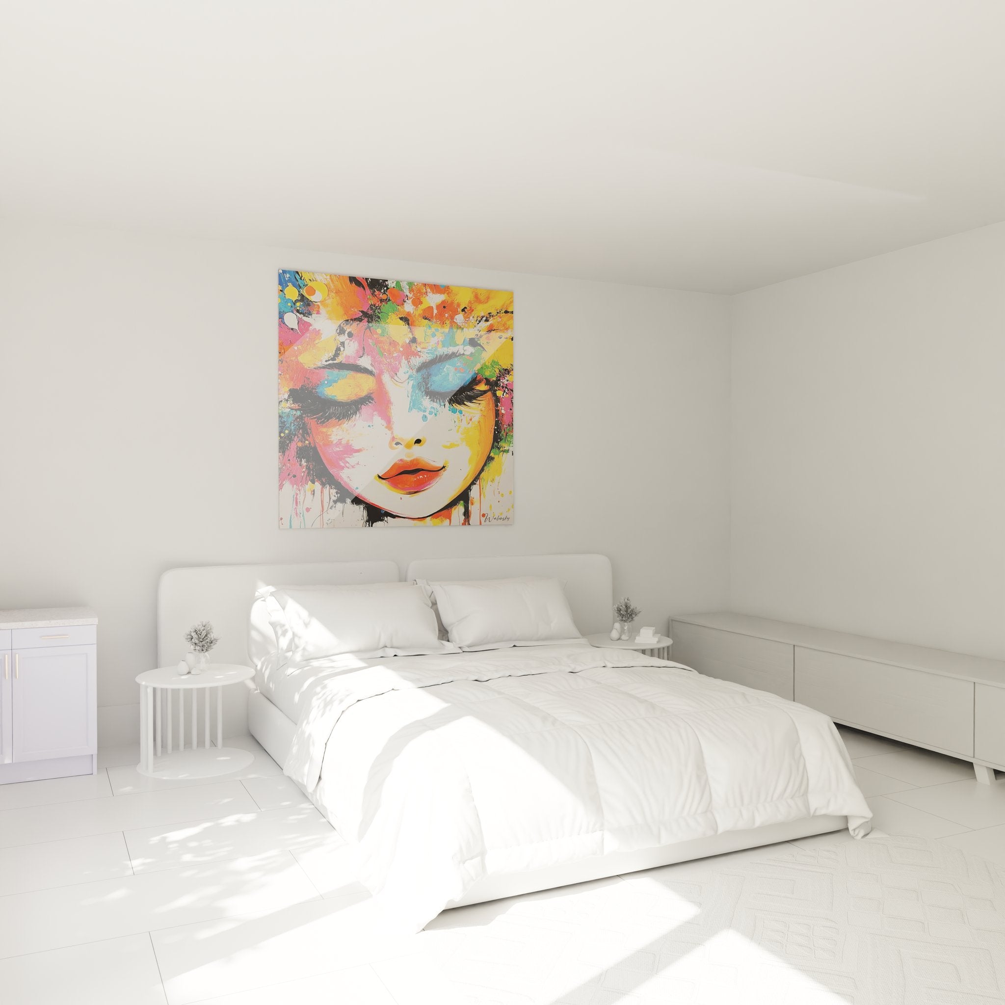 Ambiance chambre avec tableau portrait femme coloré art mural abstrait decoration interieur moderne