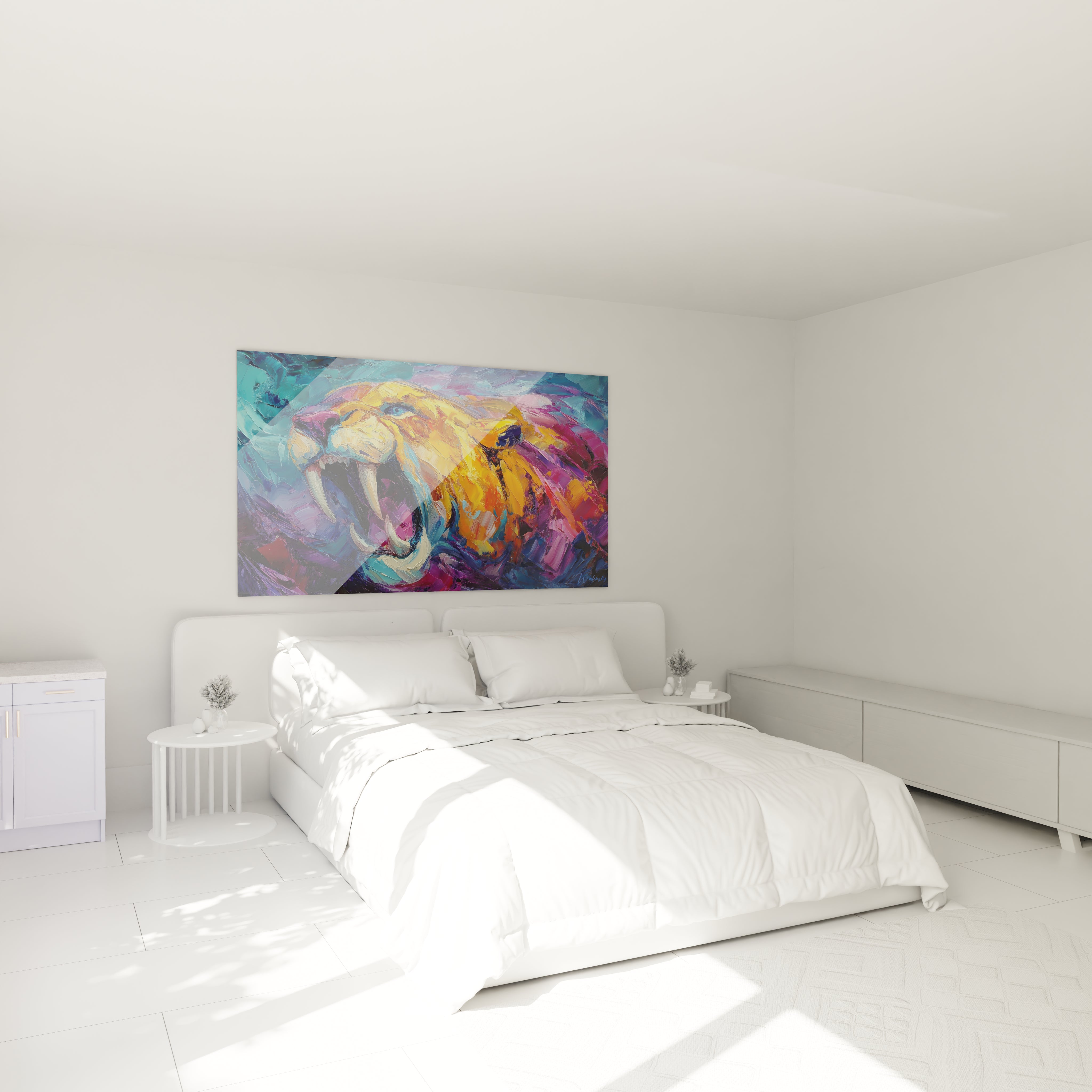 Ambiance chambre avec tableau smilodon coloré, décoration murale tigre préhistorique dans intérieur moderne