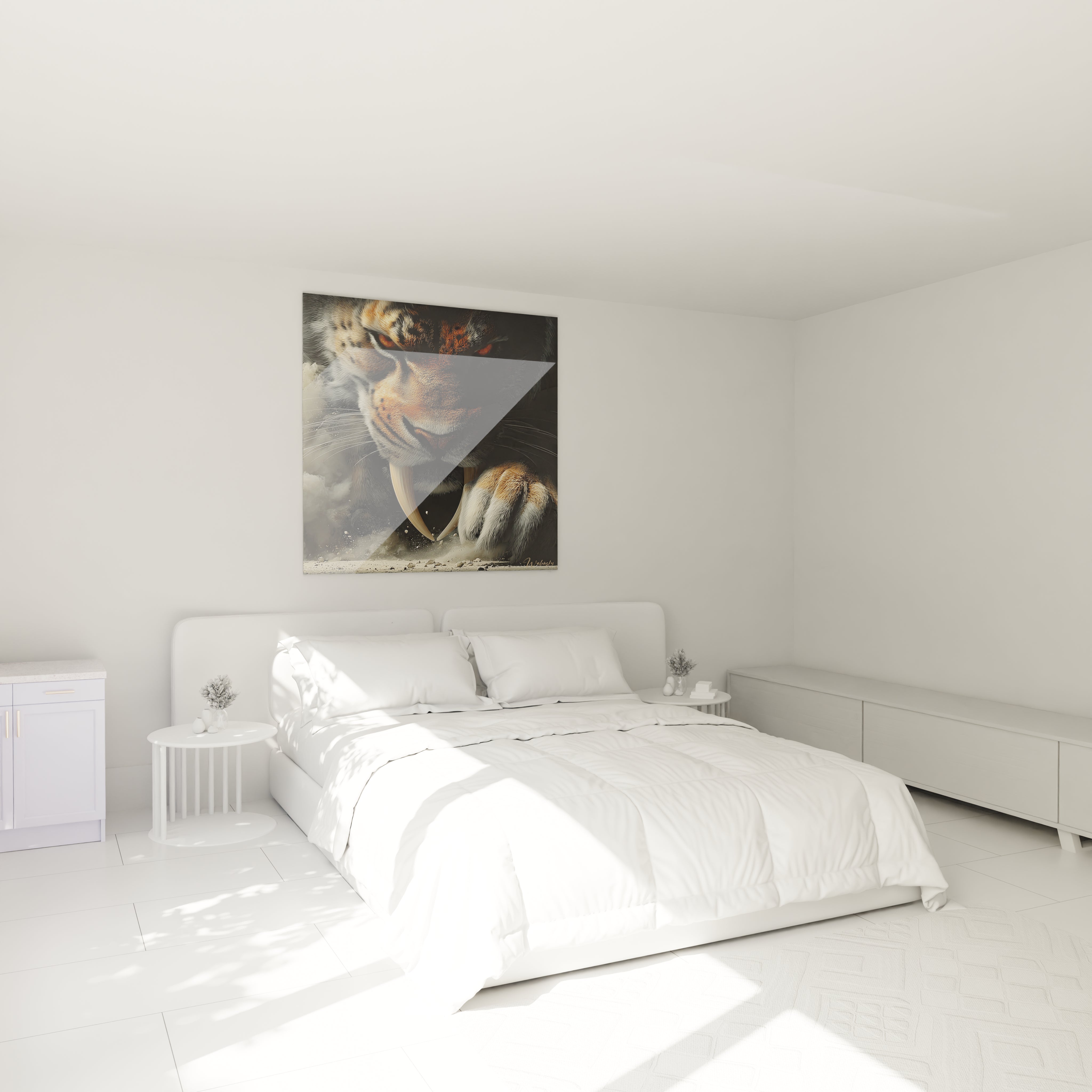 Ambiance chambre avec tableau Smilodon tigre préhistorique dents sabre décoration murale féline