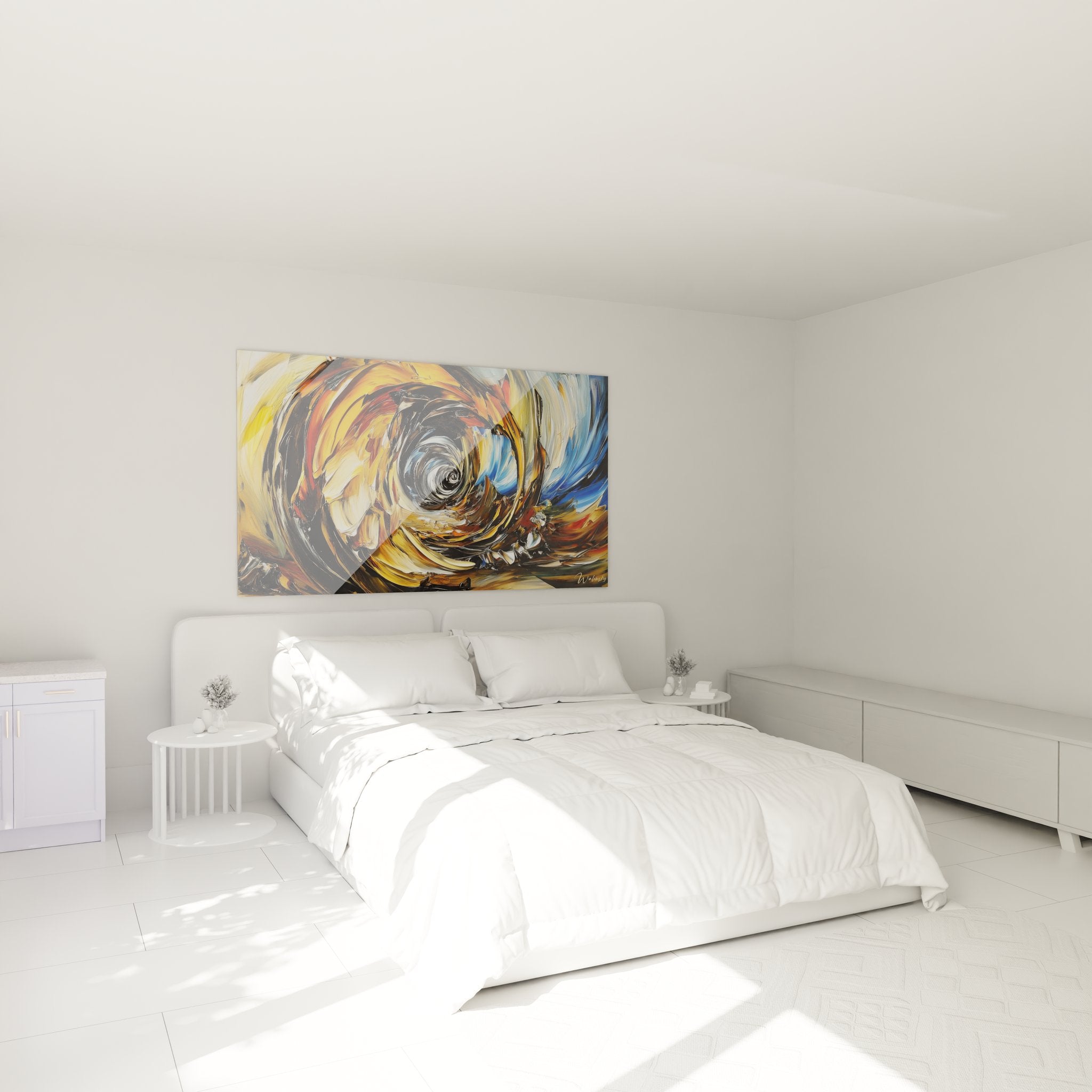 Ambiance chambre avec tableau spirale abstraite tourbillon énergétique décoration murale moderne