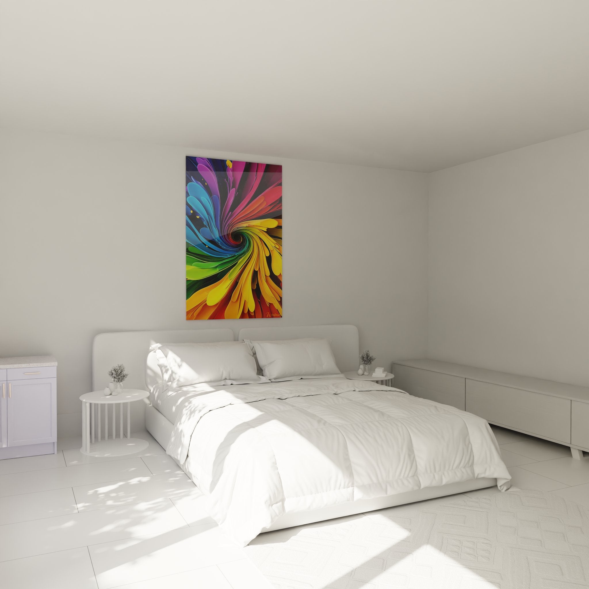 Ambiance chambre avec tableau spirale colorée, décoration murale moderne tourbillon multicolore