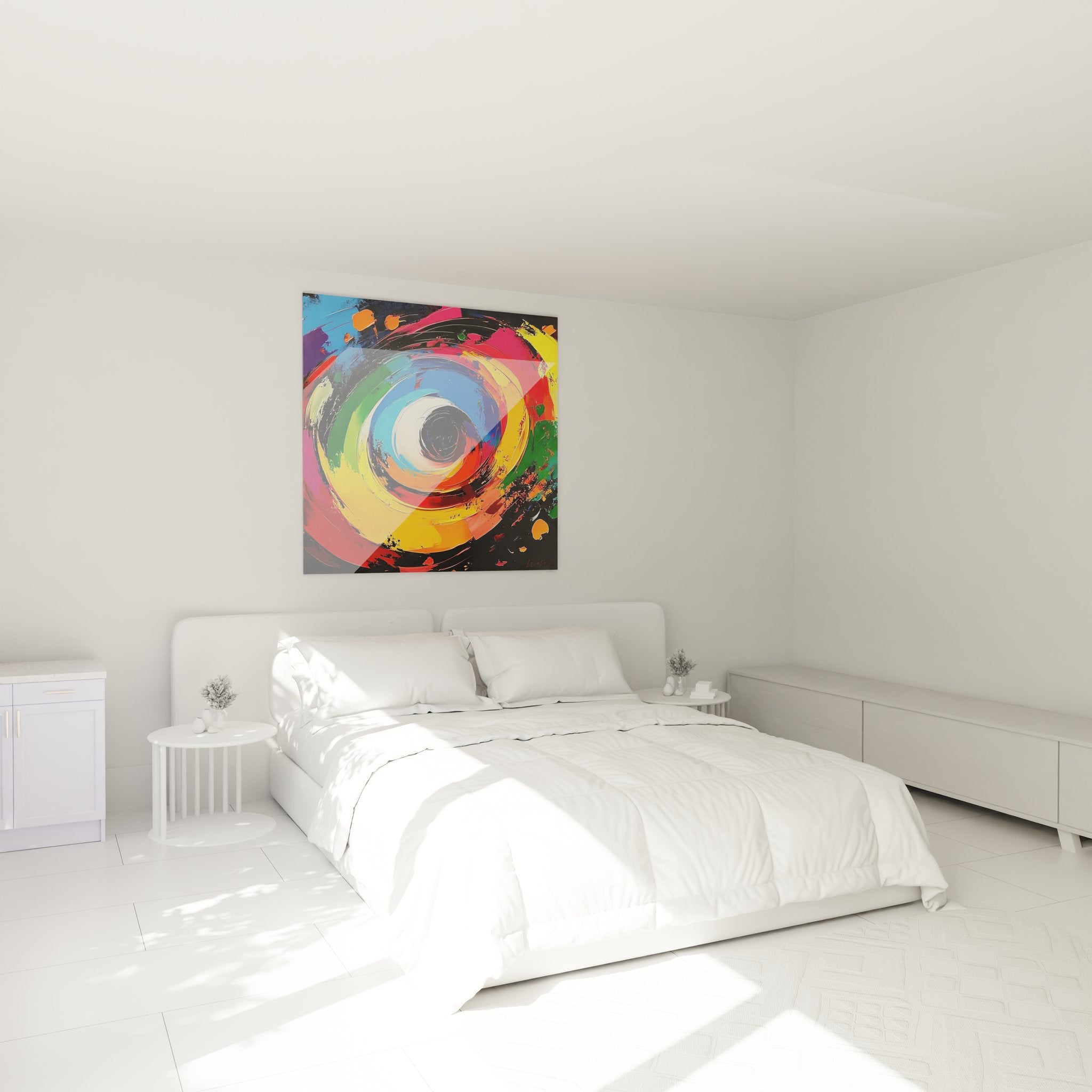 Ambiance chambre avec tableau spirale abstraite colorée créant une atmosphère dynamique et contemporaine