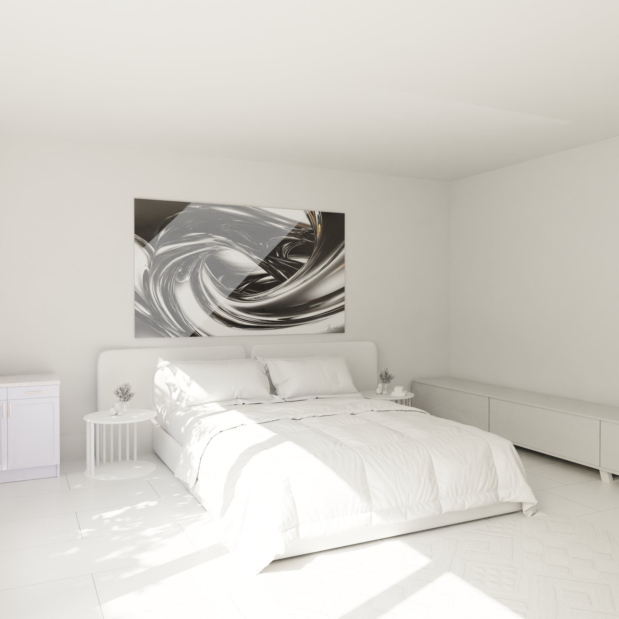 Ambiance chambre avec tableau tourbillon métallique argent, décoration murale abstraite contemporaine