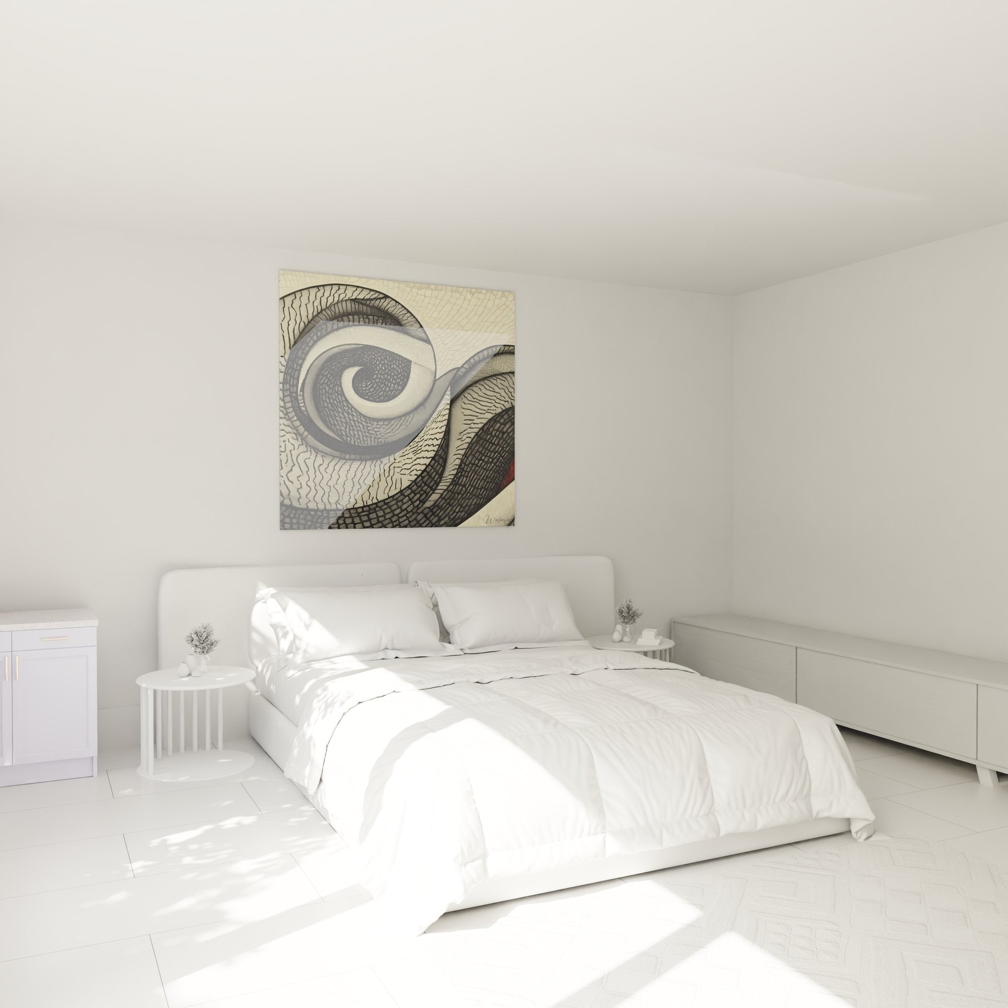 Ambiance chambre avec tableau spirales abstraites beiges, décoration murale moderne et élégante