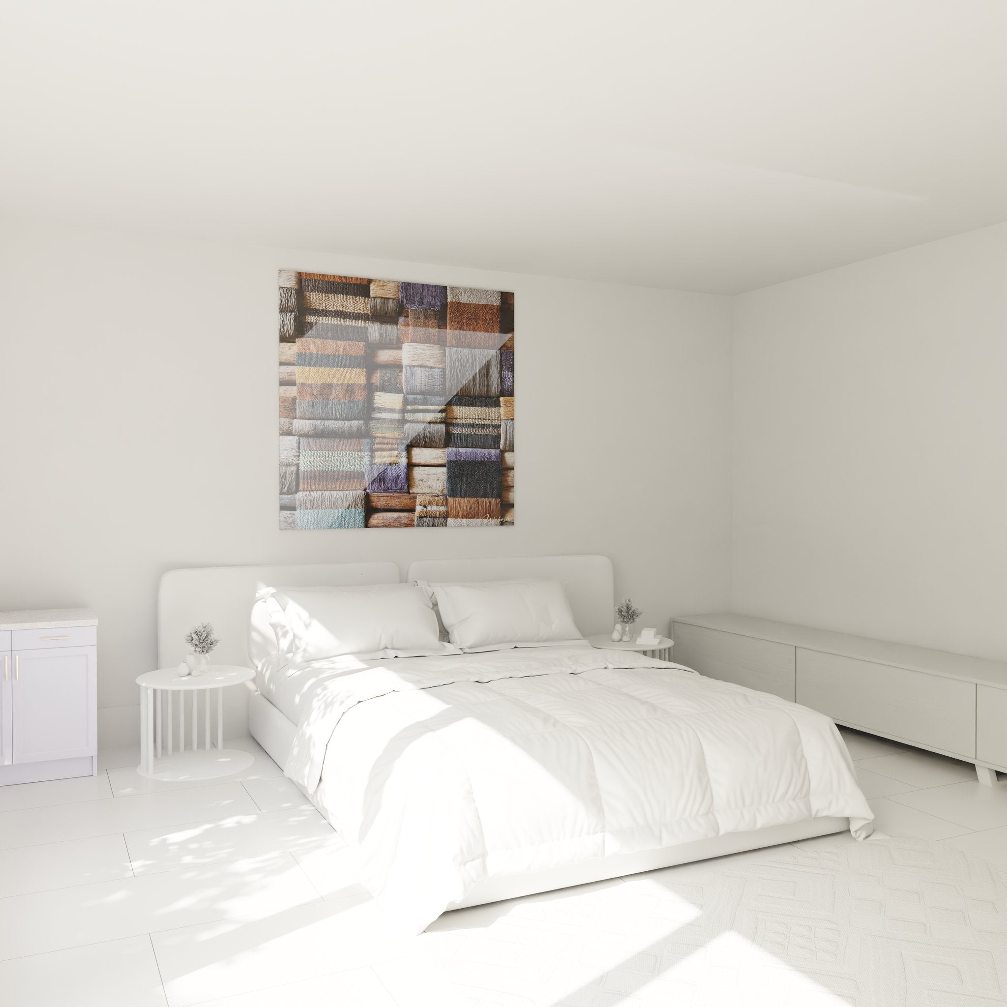 Ambiance chambre avec tableau textiles africains traditionnels mosaïque tissages ethniques