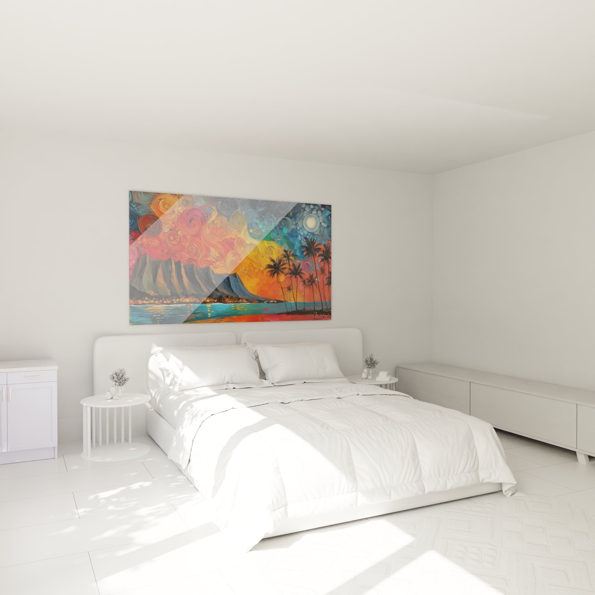 Ambiance chambre tableau tropical volcanique spirales colorées décoration murale îles