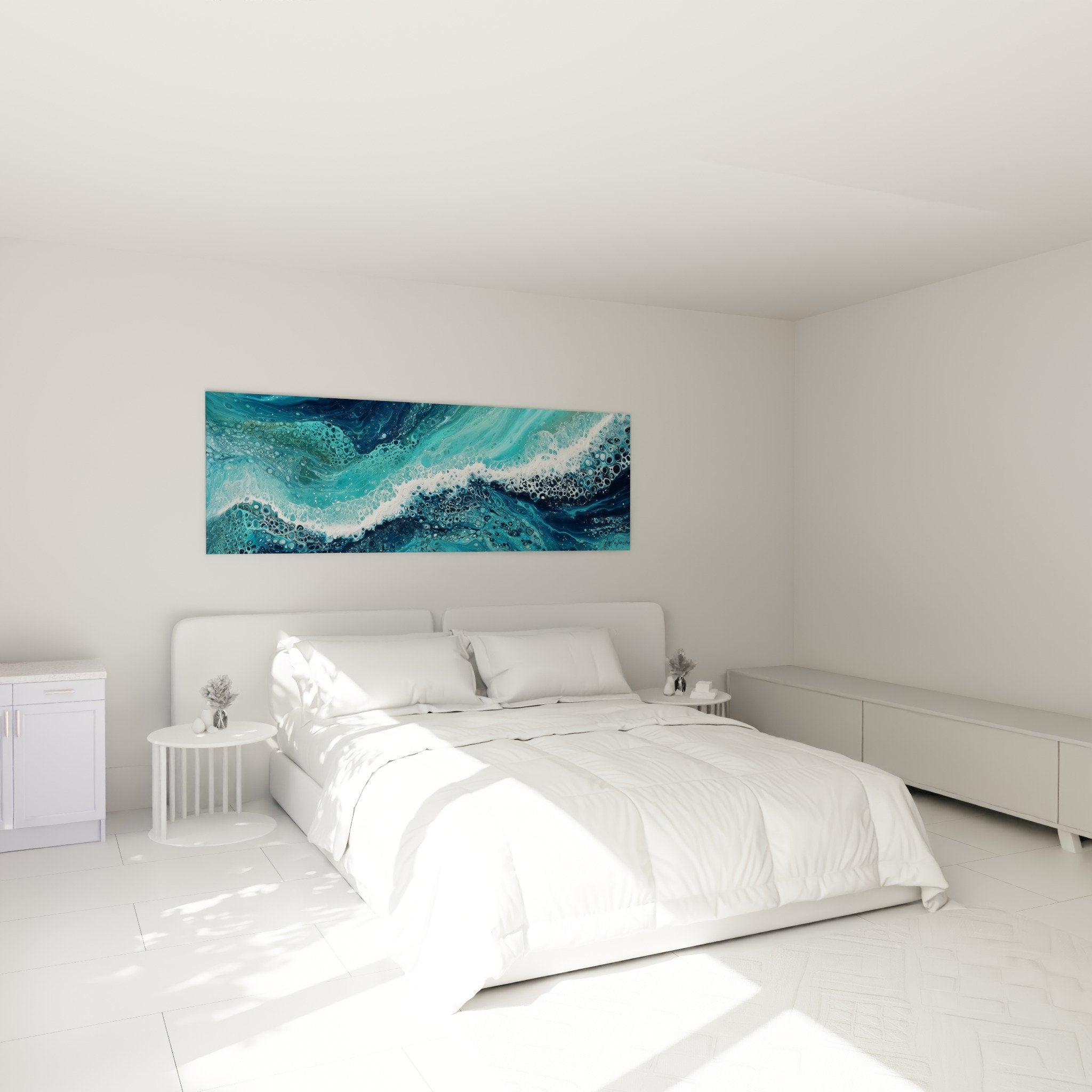 Bedroom ambiance with turquoise flows artwork bubbles decorative feng shui water soothing harmony