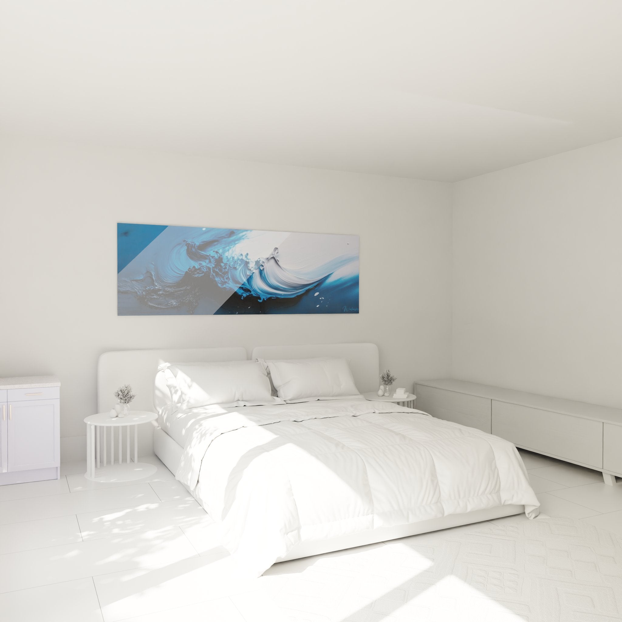 Ambiance chambre avec tableau vague abstraite bleue accroché au mur style décoration marine moderne