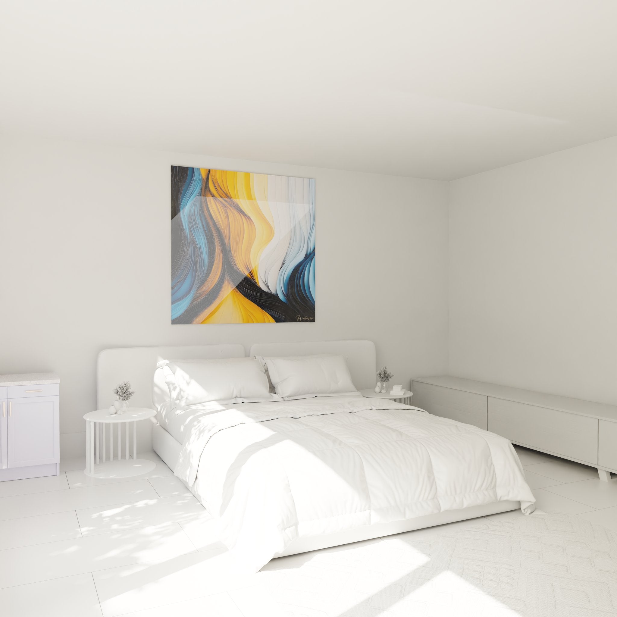 Ambiance chambre tableau vagues abstraites modernes décoration murale contemporaine orange bleu