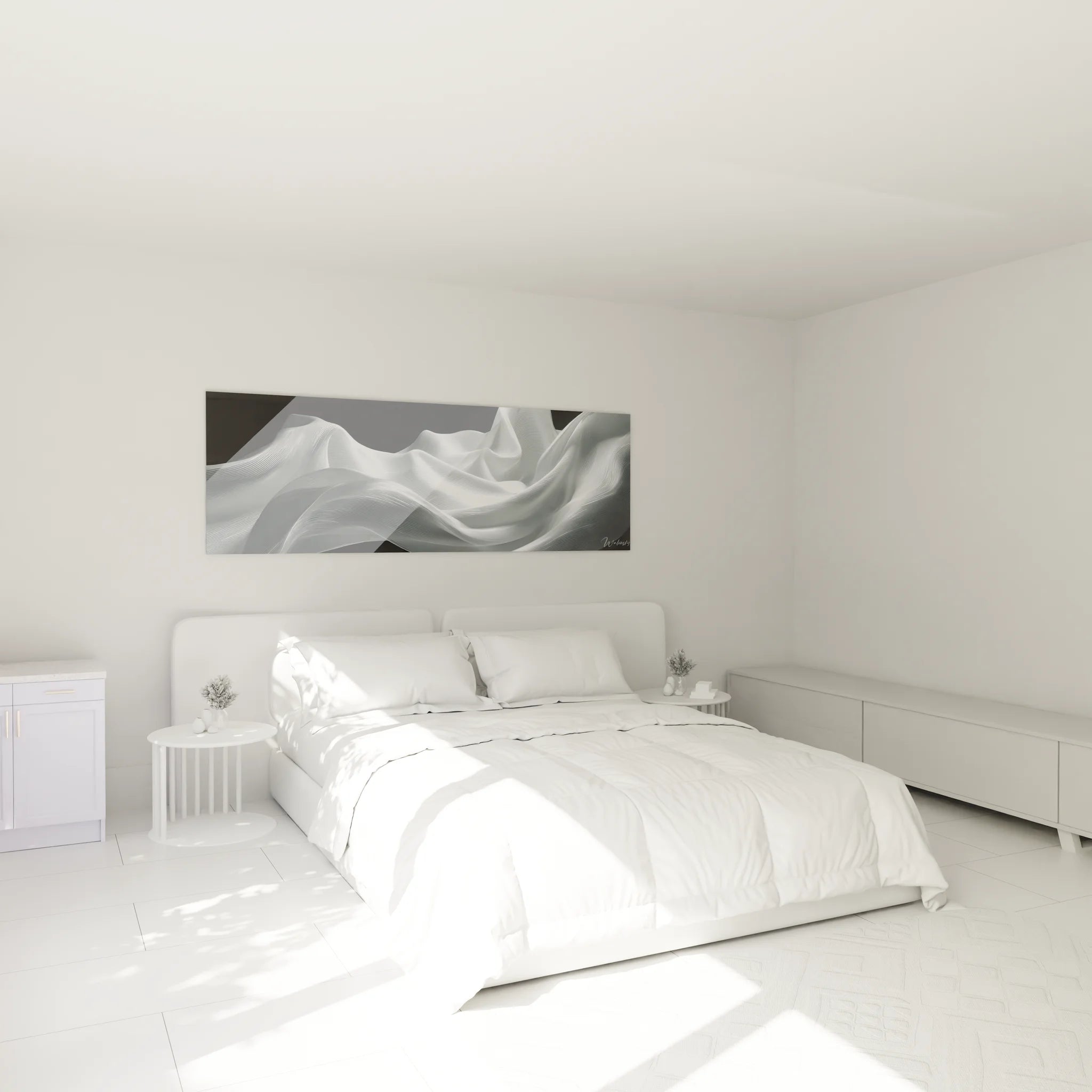 Ambiance chambre avec tableau vagues fluides noir et blanc abstrait au-dessus du lit, décoration contemporaine