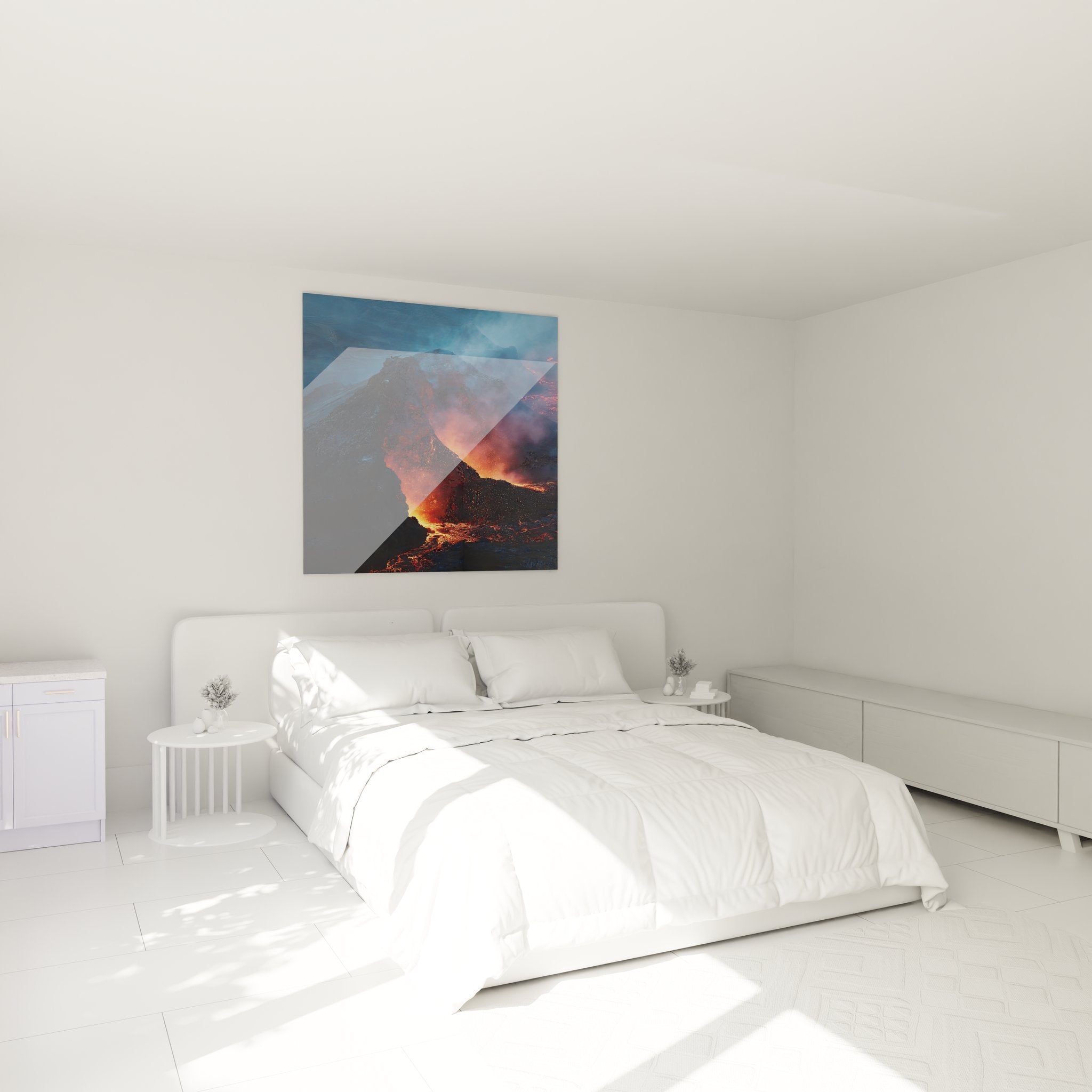 Ambiance chambre avec tableau éruption volcanique - décoration murale volcan rouge orange