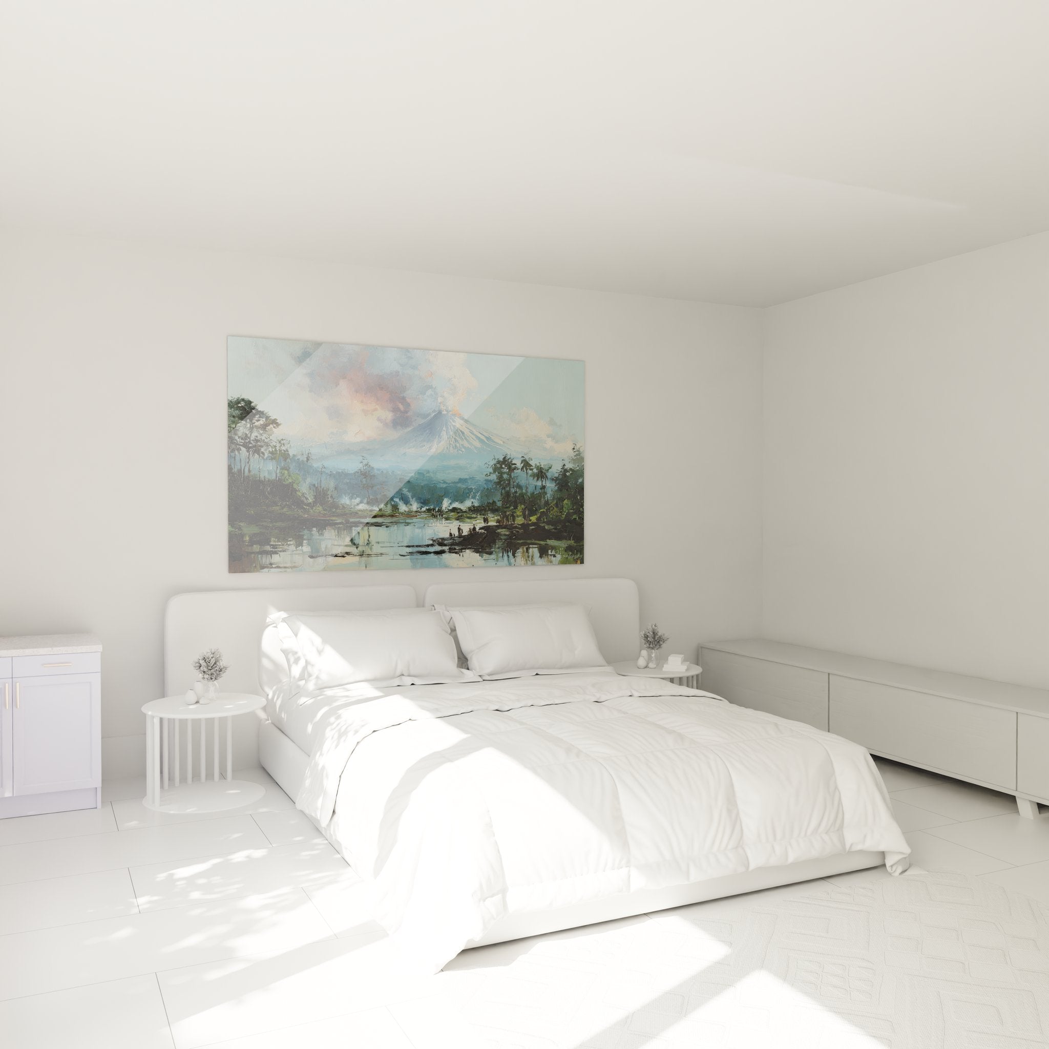 Ambiance chambre avec tableau volcan tropical éruption décoration murale nature paysage exotique