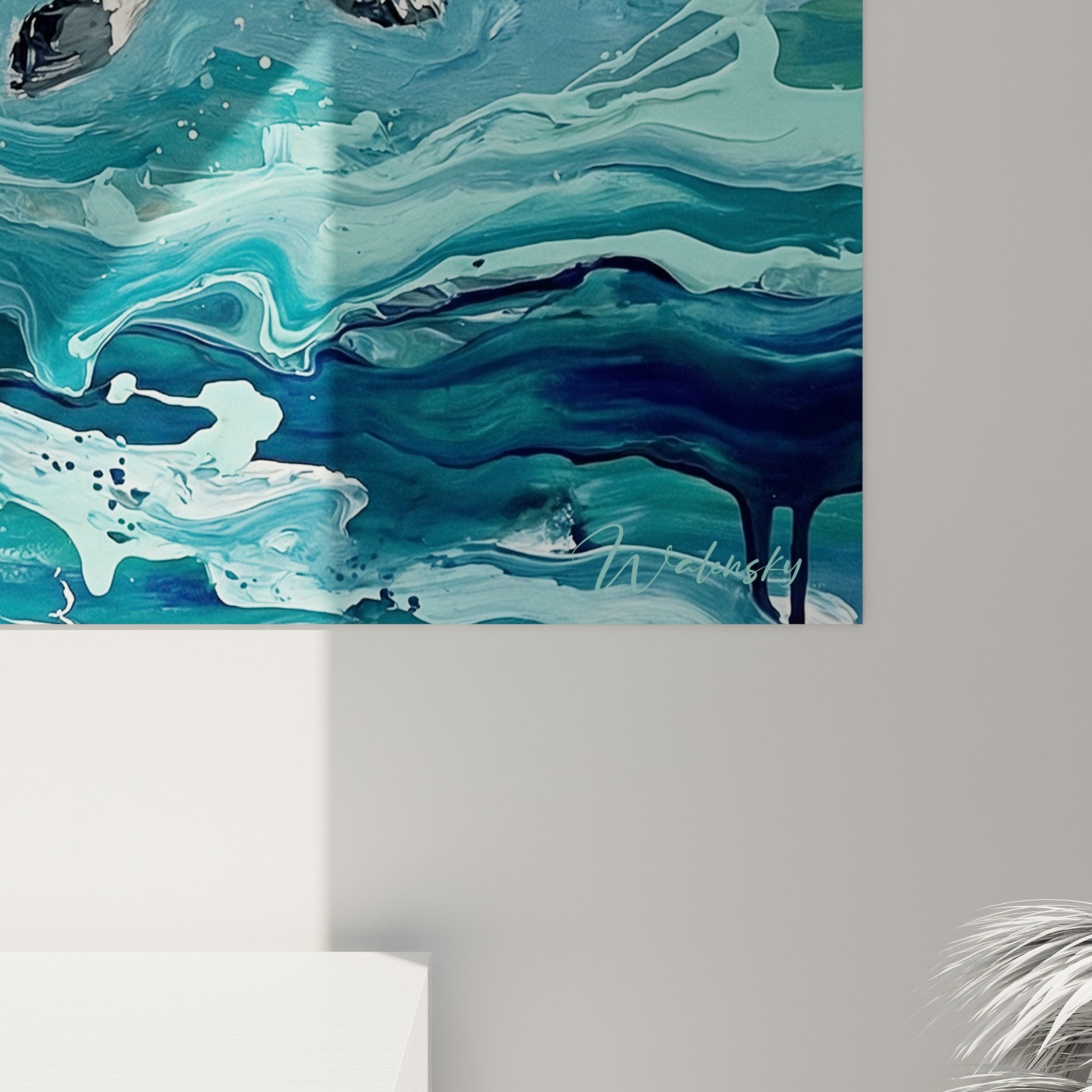 Modern living room decorative ambiance aquatic artwork Landseer turquoise and white tones