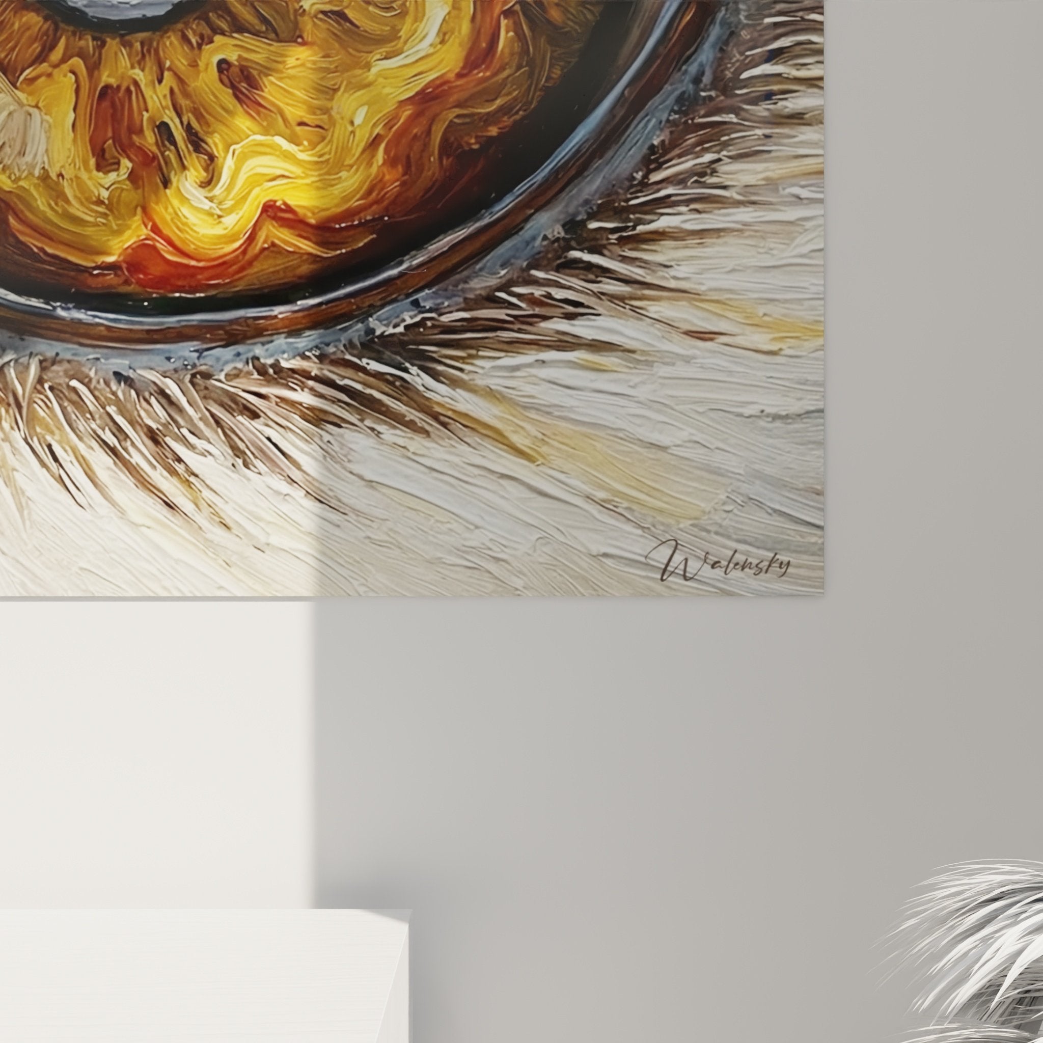 Überblick über das Samojede-Auge-Wandgemälde in zeitgenössischem Interieur mit warmem Ambientelicht