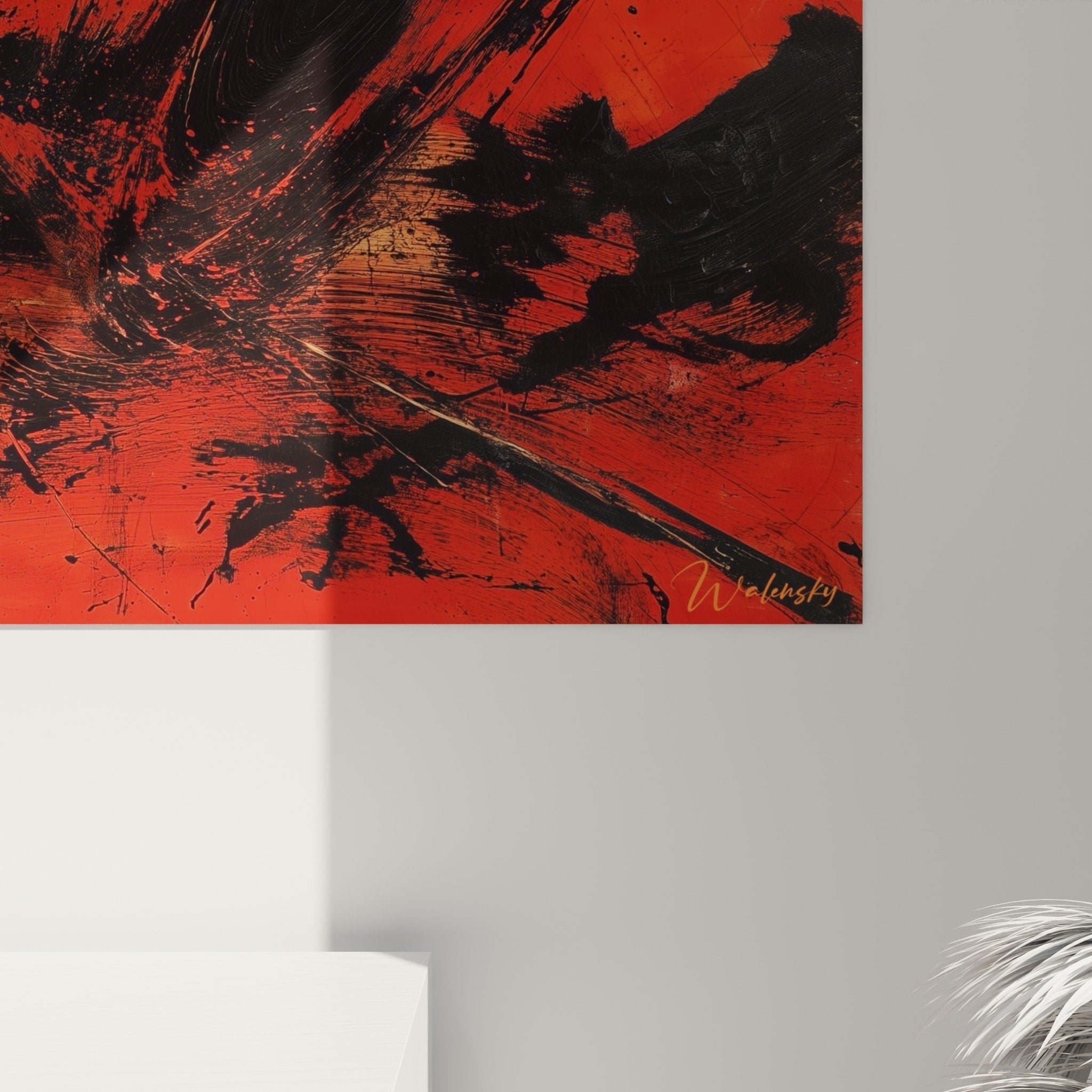 Ambiance salon tableau rouge noir abstrait decoration murale contemporaine feng shui sud feu