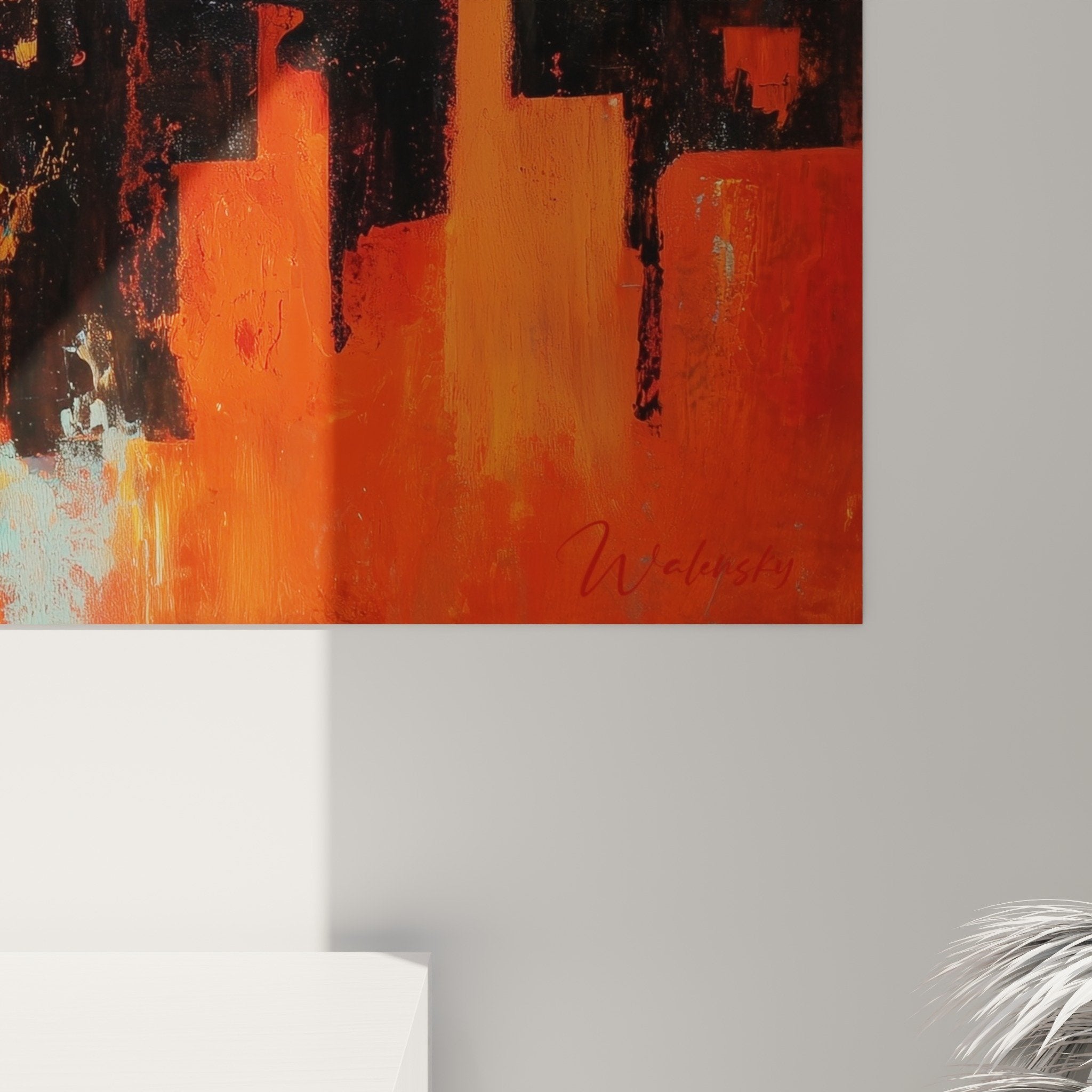 Vue ensemble tableau abstrait flammes urbaines salon decoration feng shui sud feu tons chauds