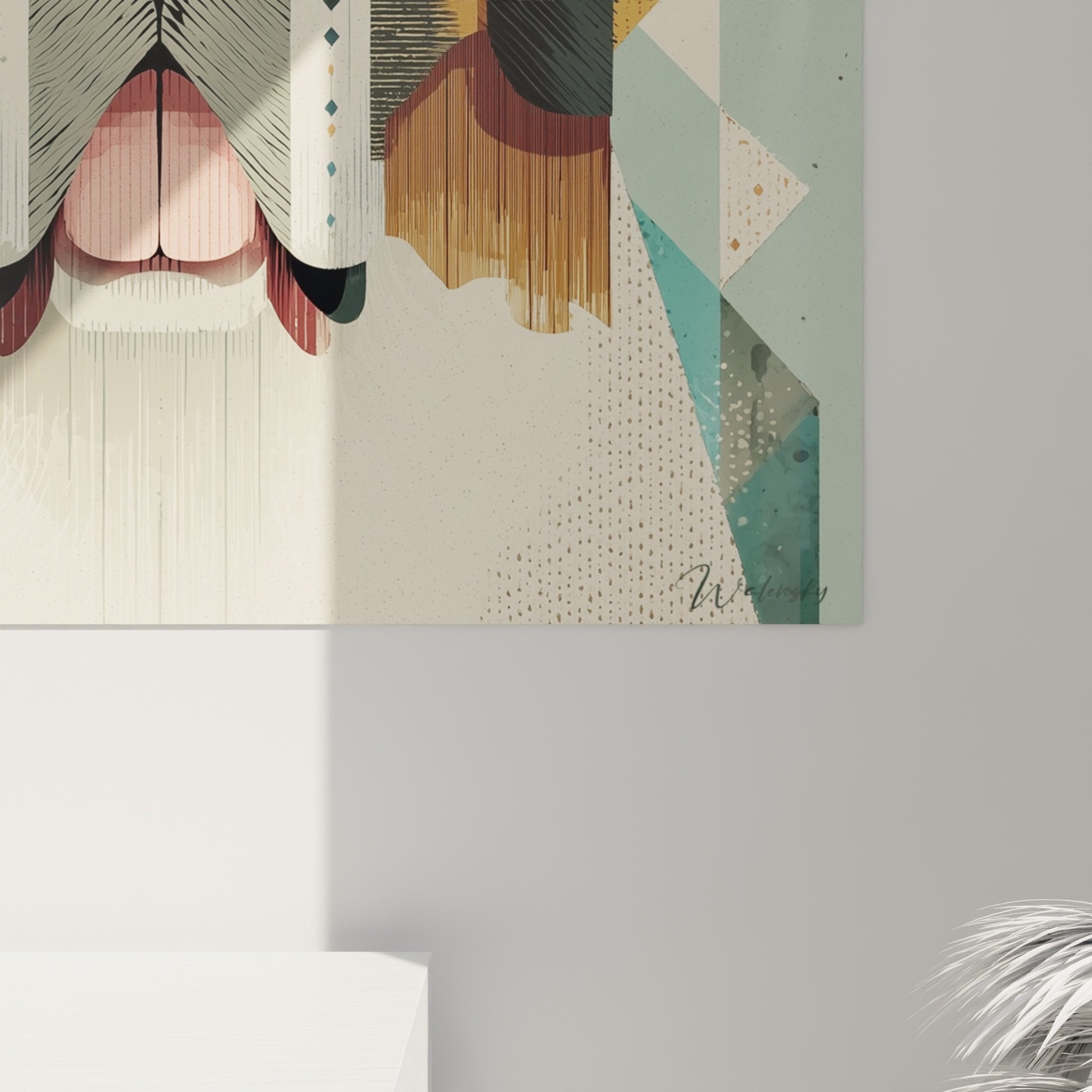 Vue d'ensemble du tableau Saint Bernard cubiste dans un intérieur décoré, montrant l'effet décoratif global