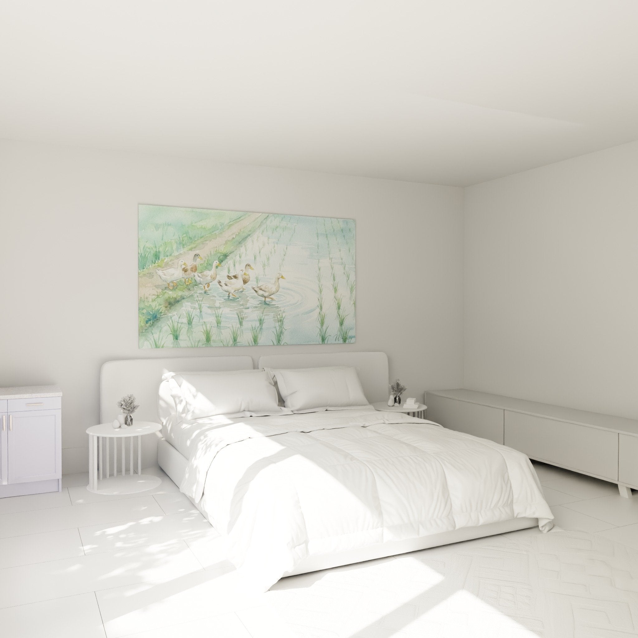 Tableau canards aquarelle tons pastel verts bleus accroché au mur chambre décoration naturelle