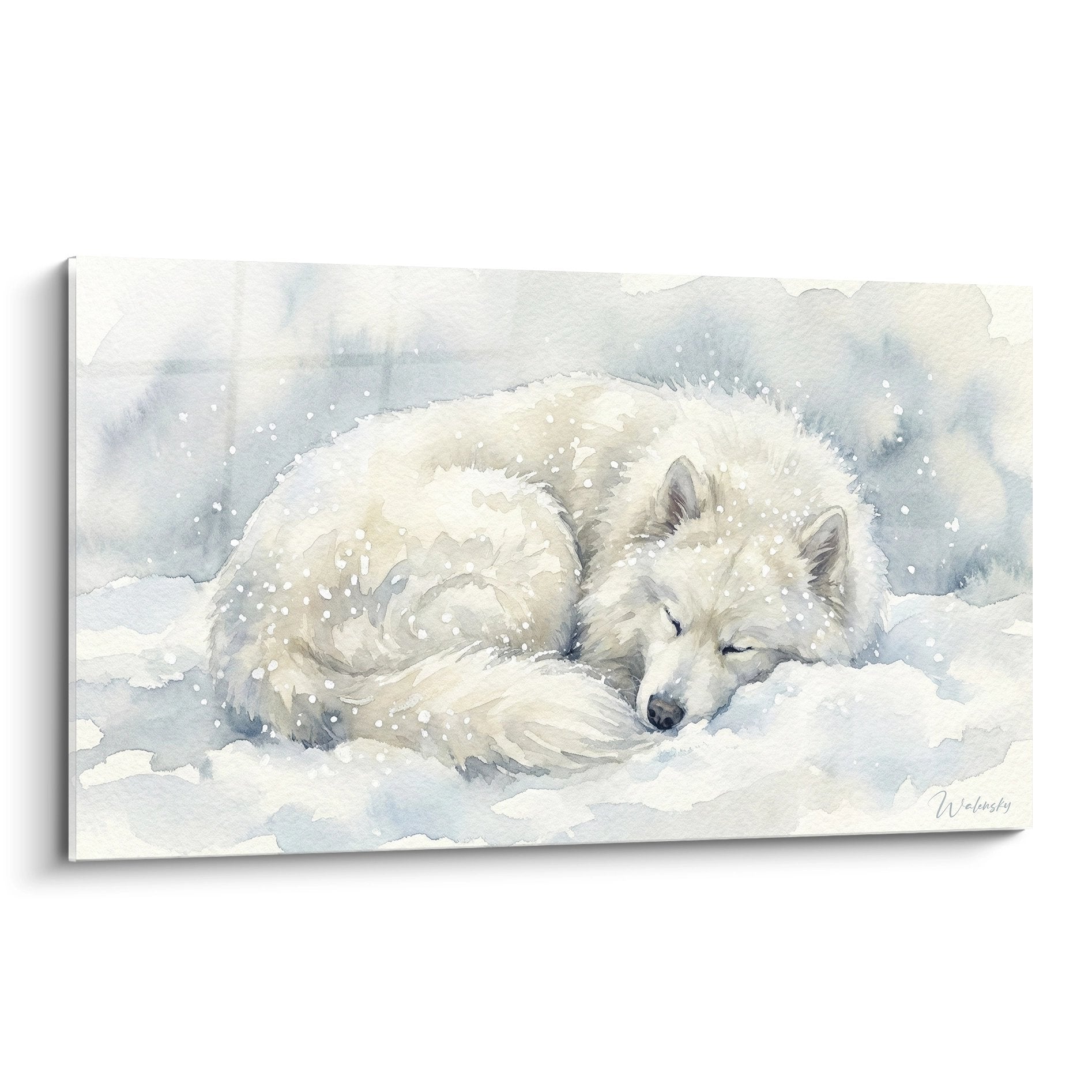 Aquarelle chien blanc samoyede endormi dans neige avec flocons tombant ambiance hivernale douce