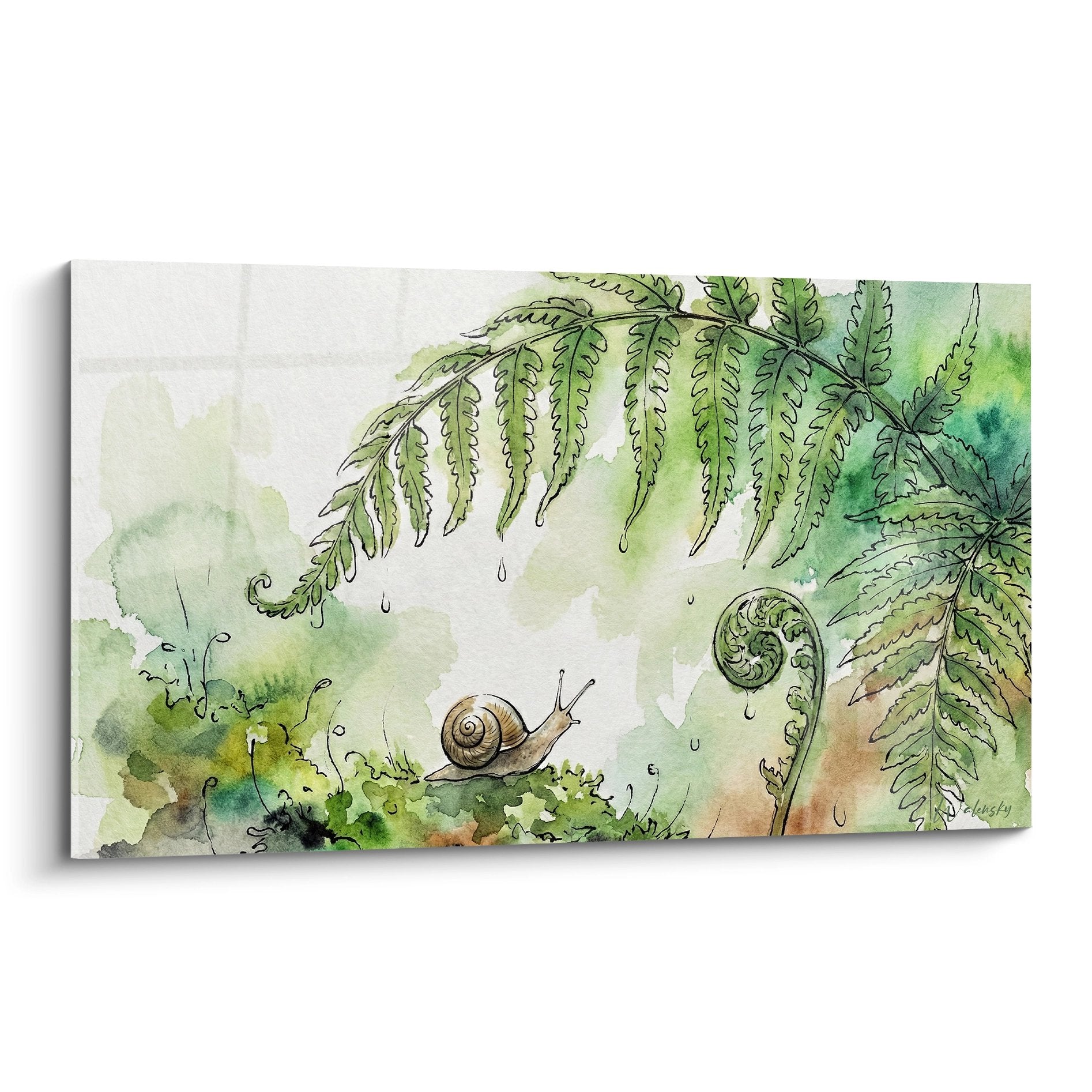 Grüne Aquarelle mit Schnecke auf Moos und tropischen Farnen, Regentropfen, zartes botanisches Stil