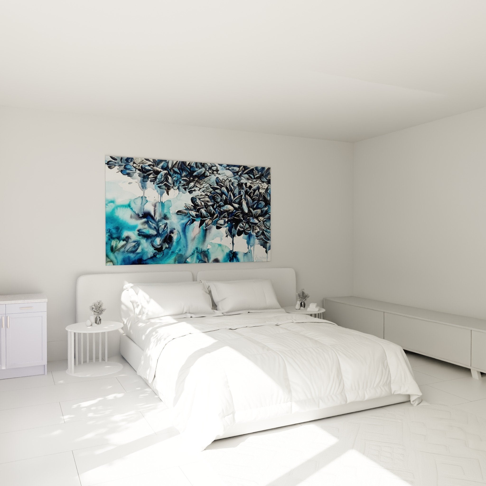 Wandbild Muschelformen Aquarell Blau im modernen Schlafzimmer - marine Wanddekoration Muscheldesign