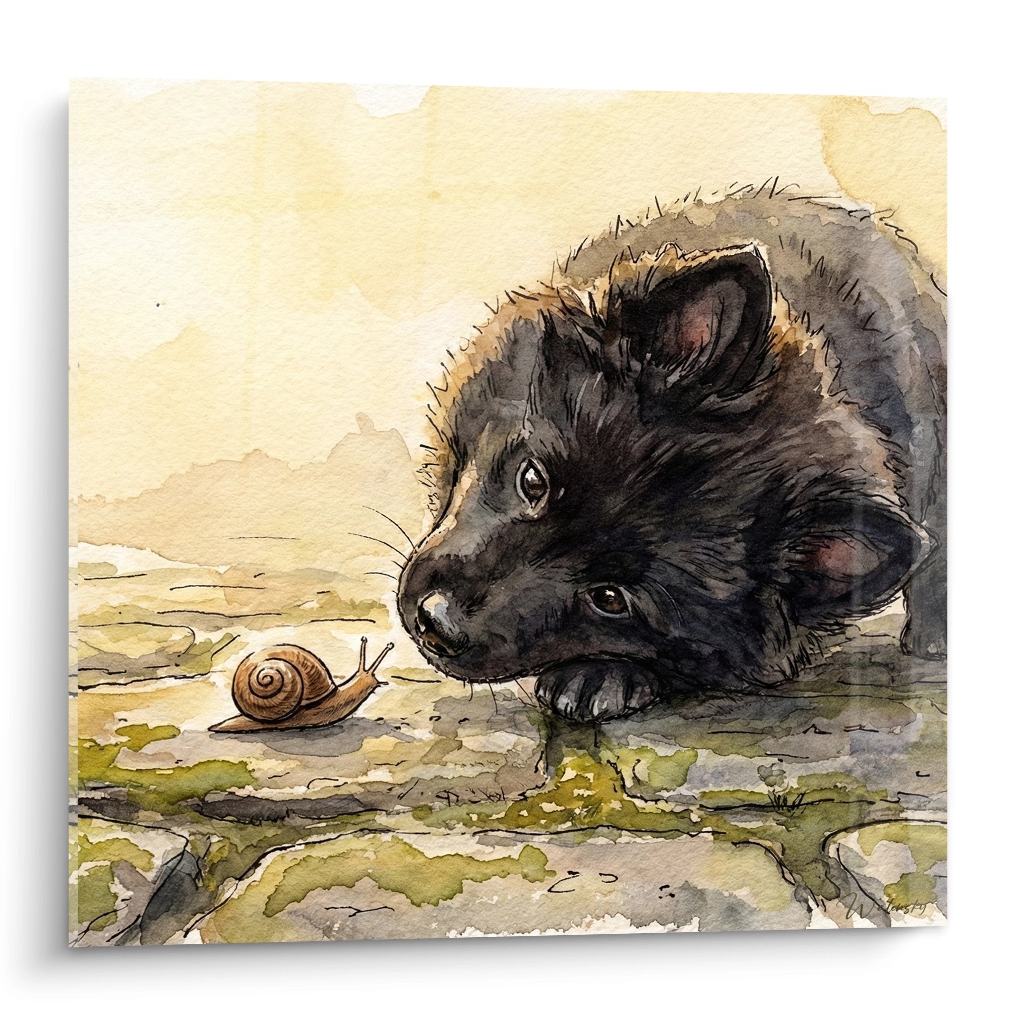 Aquarelle tendre d'un Schipperke noir observant curieusement un escargot, tons dores et verts, style delicat et poetique