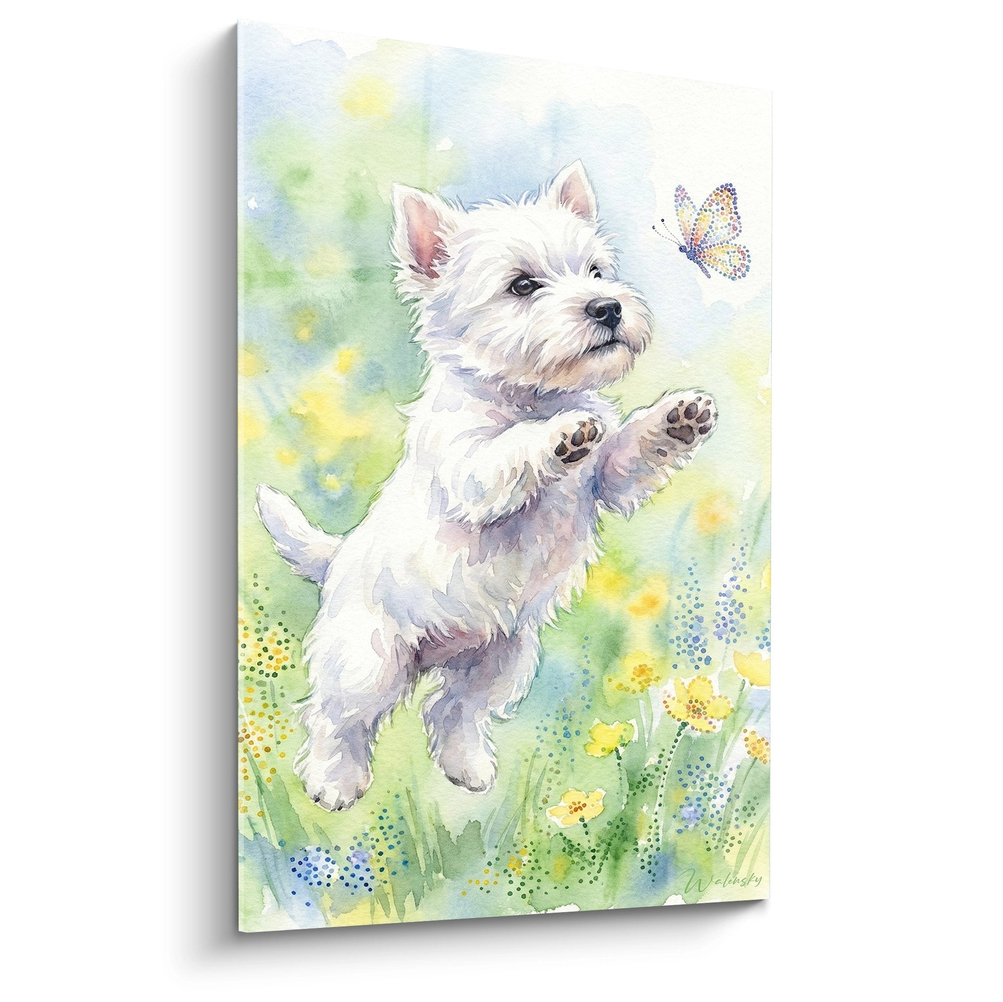 Aquarelle West Highland White Terrier bondissant dans prairie fleurie avec papillon tons pastel