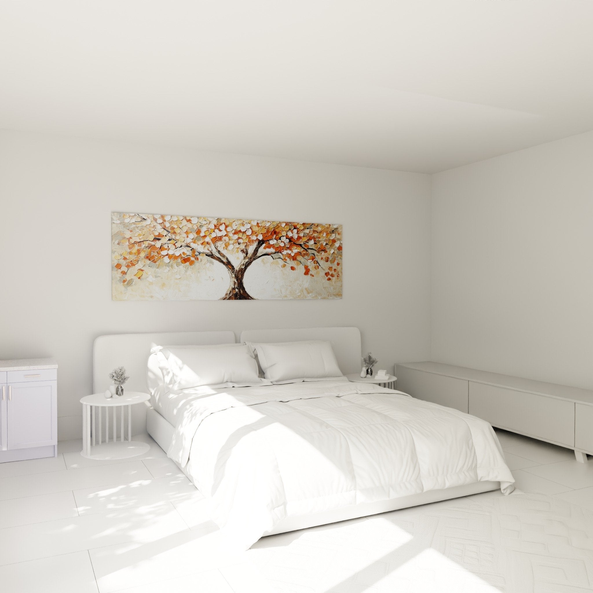 Tableau arbre de vie couleurs automnales dore dans chambre moderne au dessus lit mobilier bois naturel