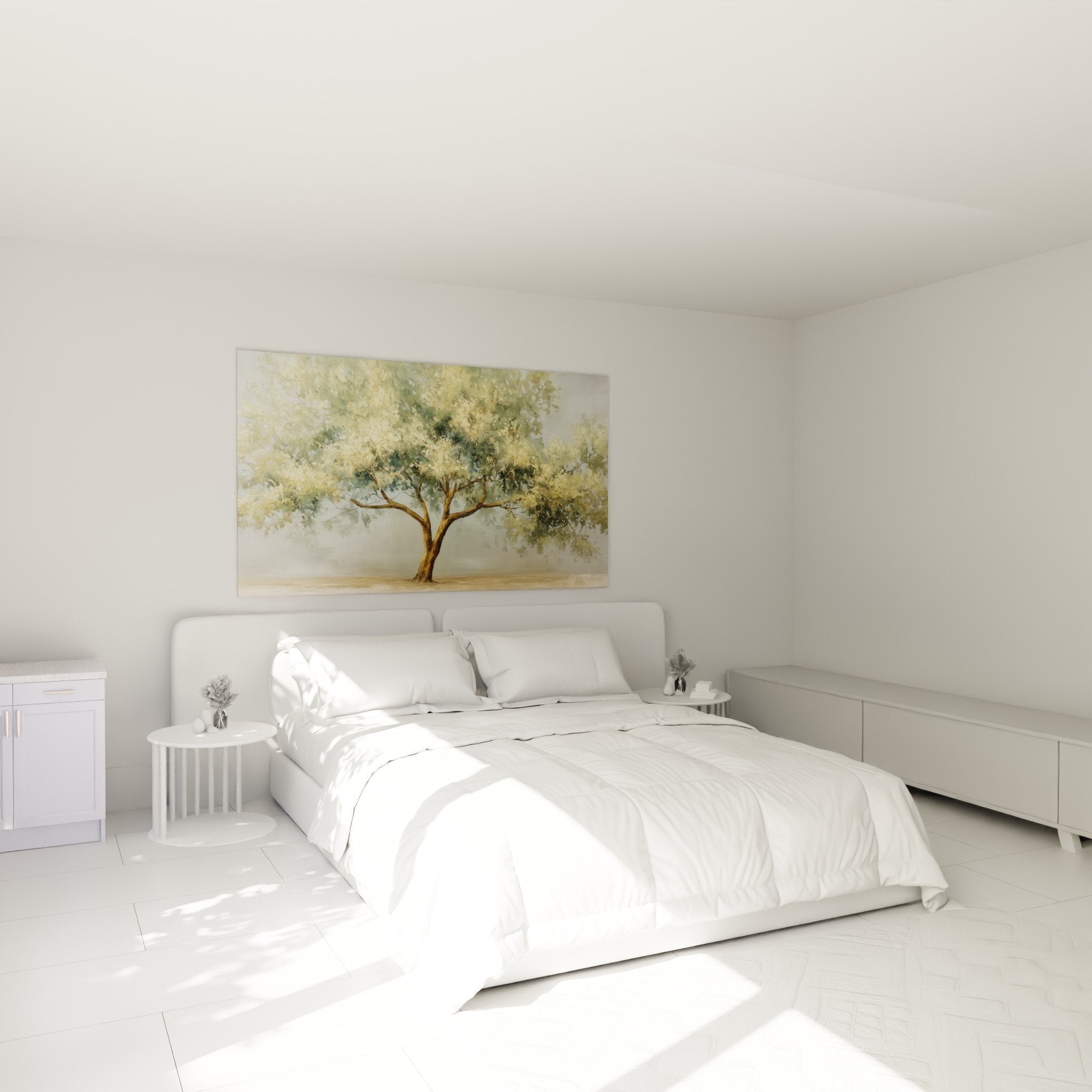 Tableau arbre doré installé dans chambre moderne, créant ambiance zen et relaxante au-dessus du lit