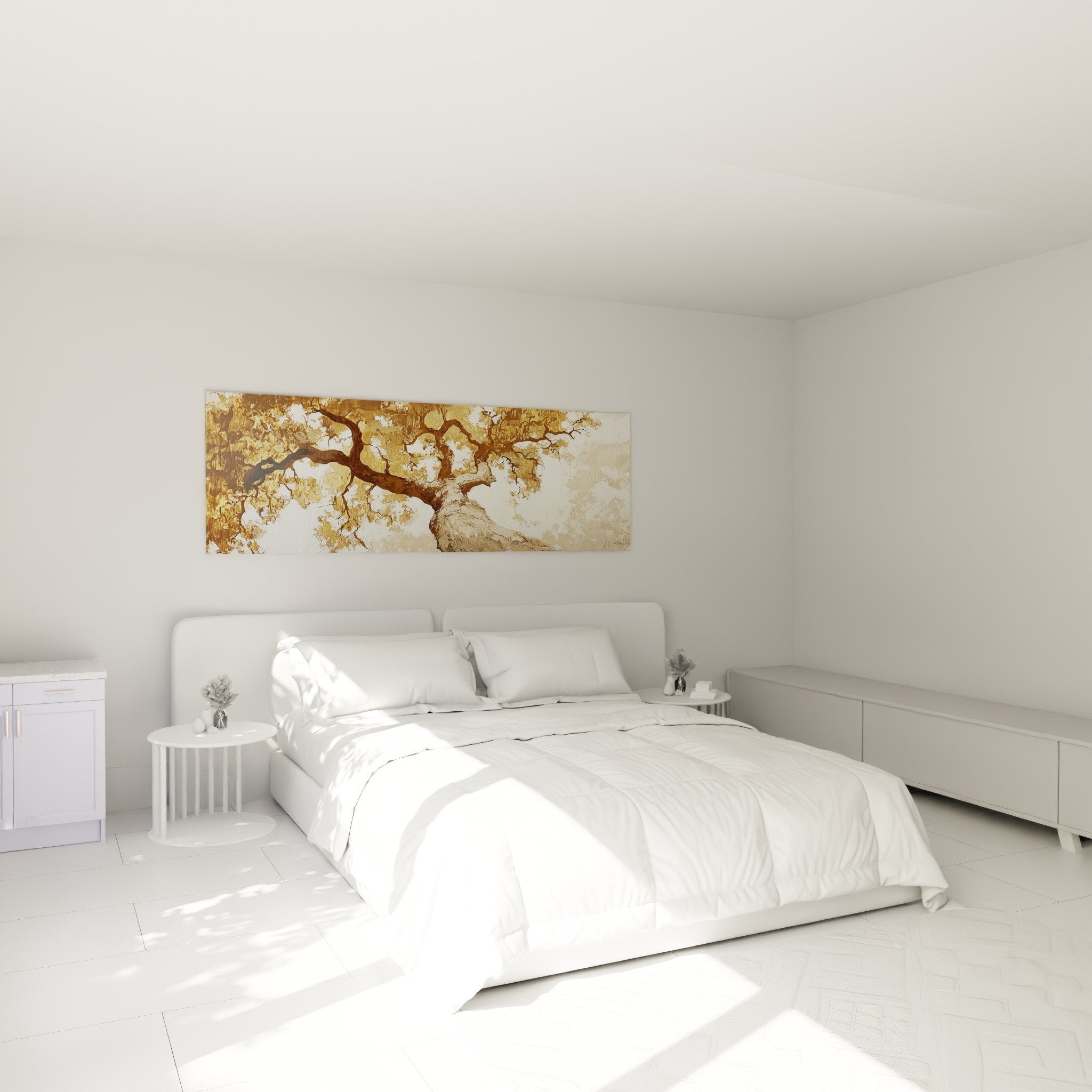 Tableau arbre de vie doré installé au dessus d'un lit dans chambre moderne ambiance zen