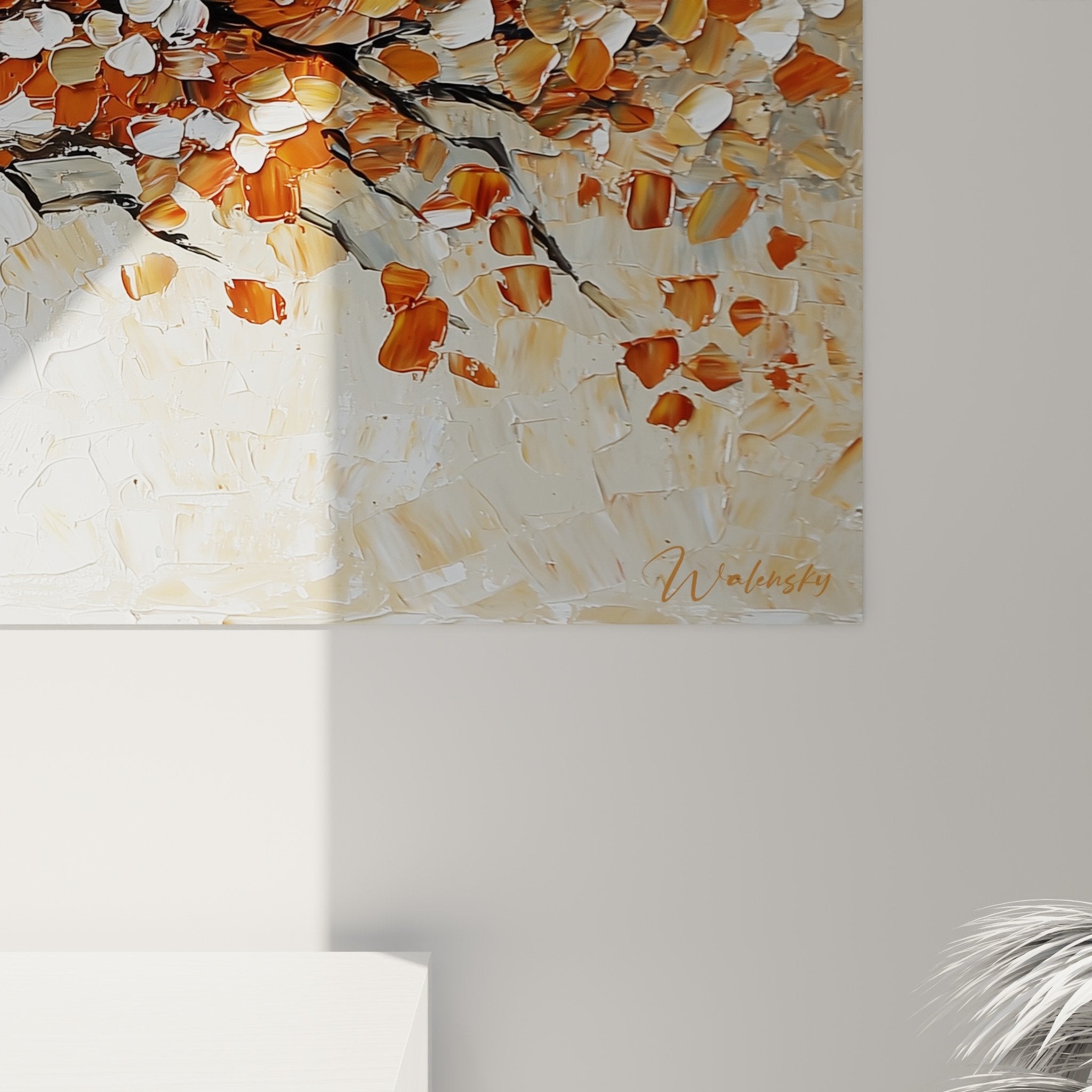 Vue ensemble salon moderne tableau arbre de vie automnal format panoramique mur beige canape contemporain