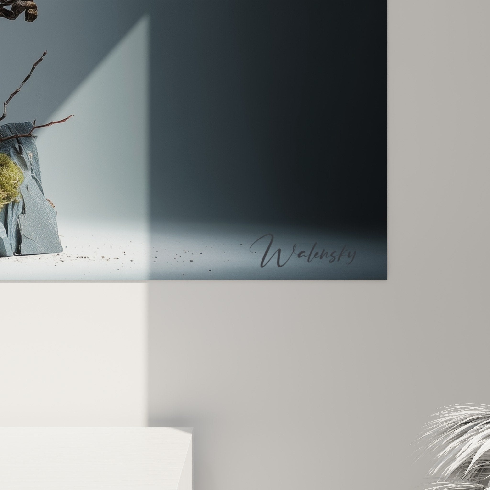 Overall view ikebana arrangement purple orchids slate rock formation modern living room dimmed lighting