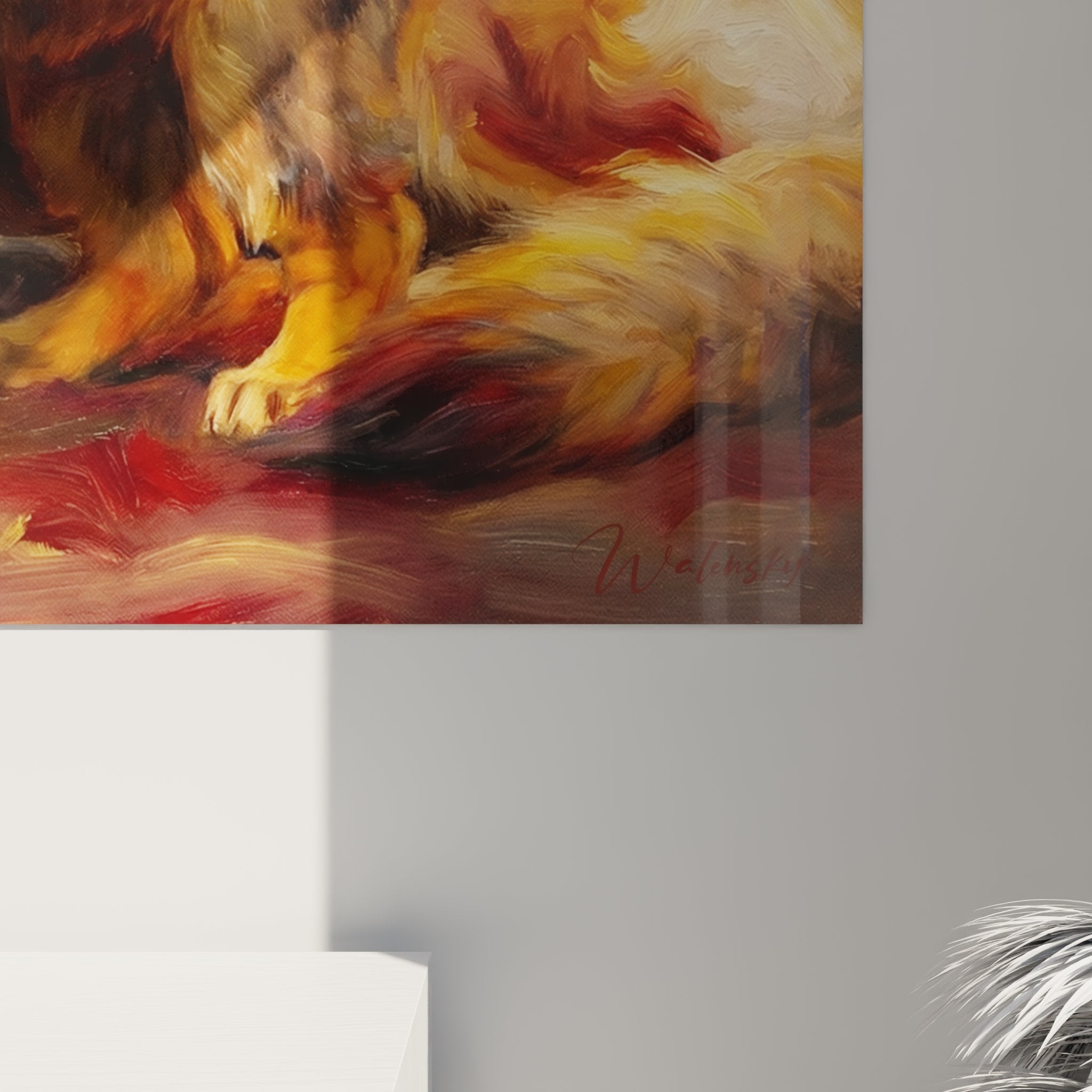 tableau art animalier berger allemand scene familiale tendresse tons cuivres