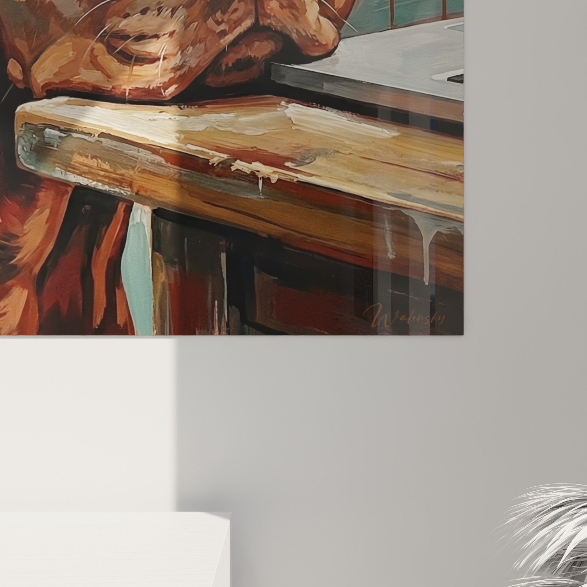 Vue d'ensemble tableau art canin Vizsla, composition artistique tons roux turquoise sur mur blanc