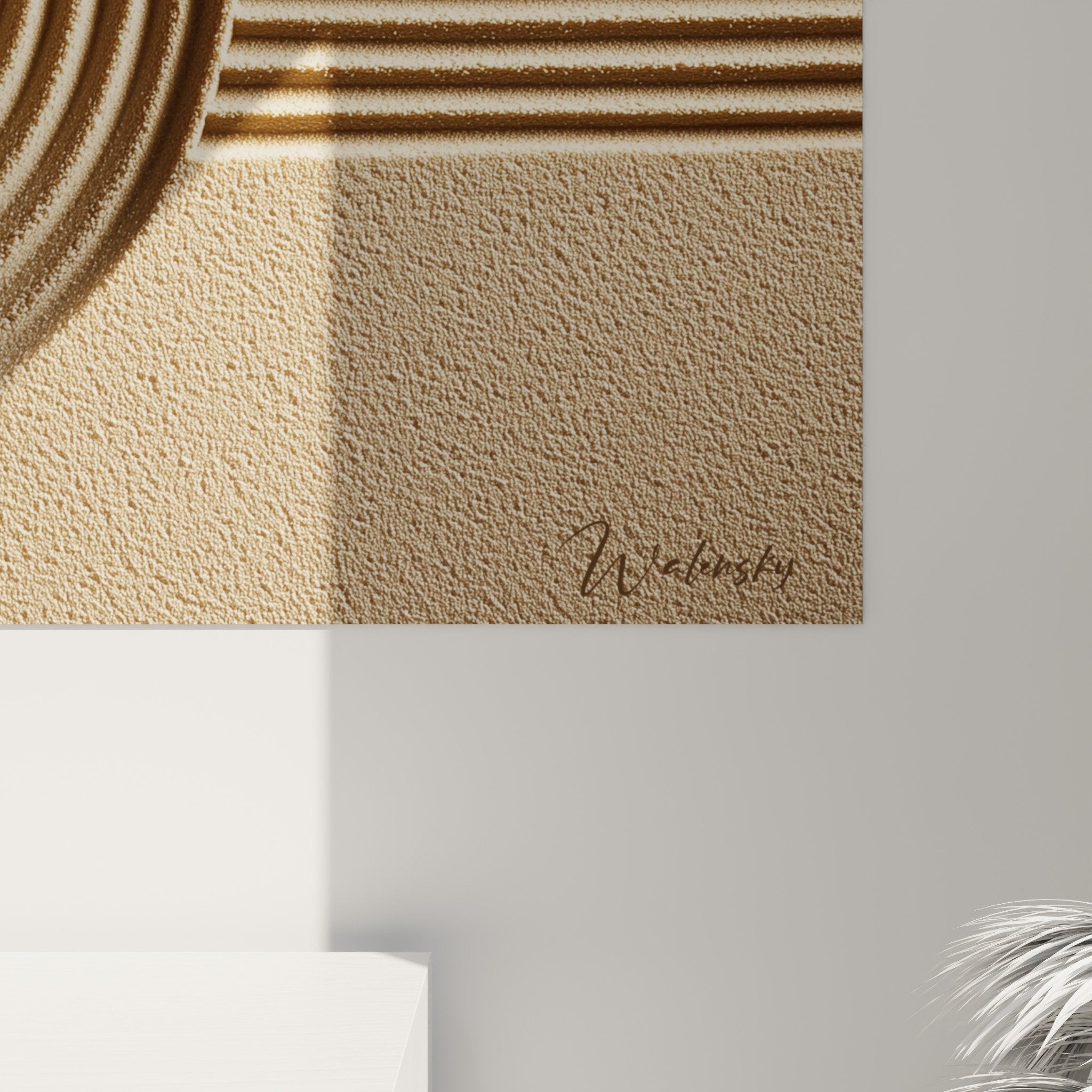 Overall view geometric art painting beige gold circles parallel lines minimalist style