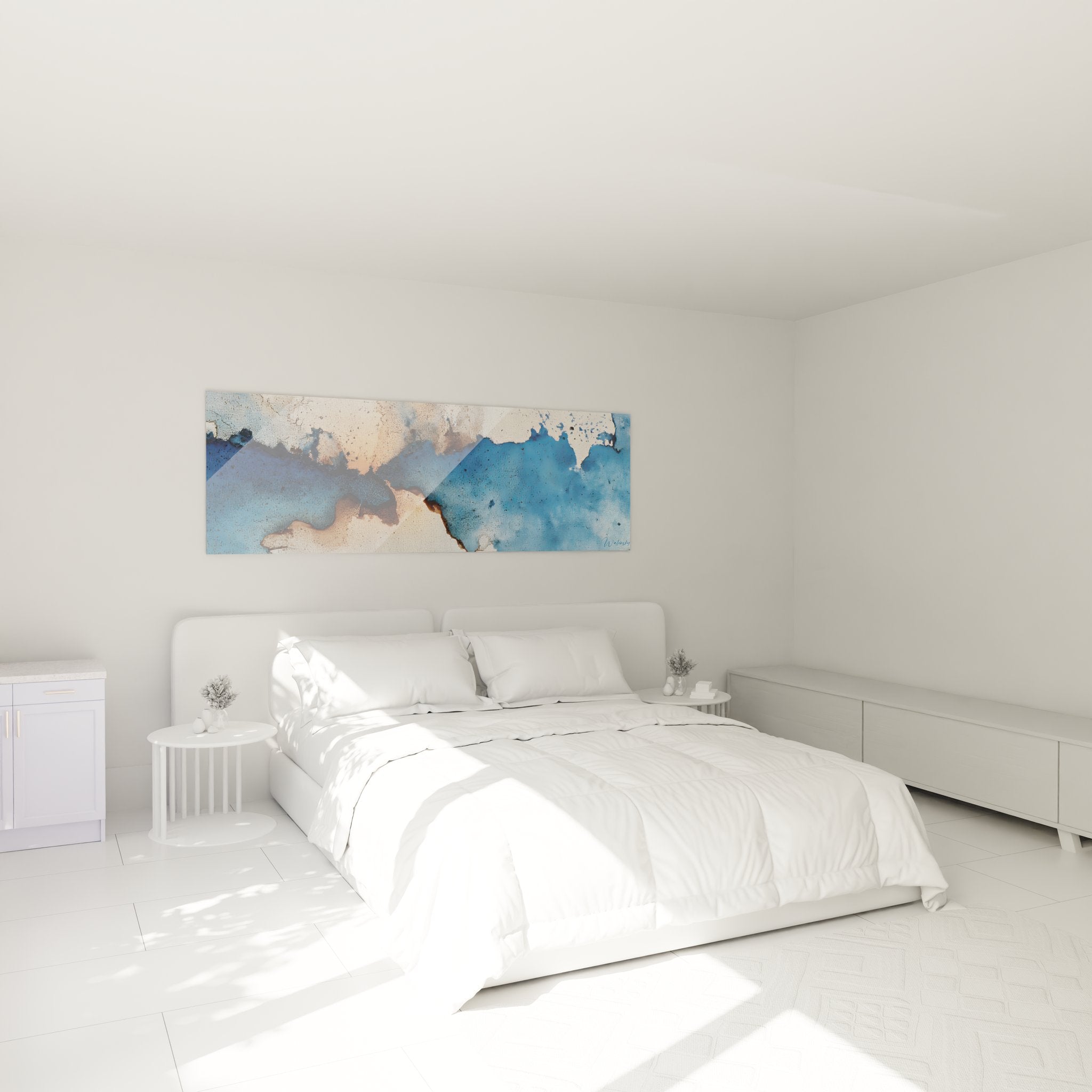 Art mural abstrait bleu beige installé dans chambre contemporaine ambiance apaisante