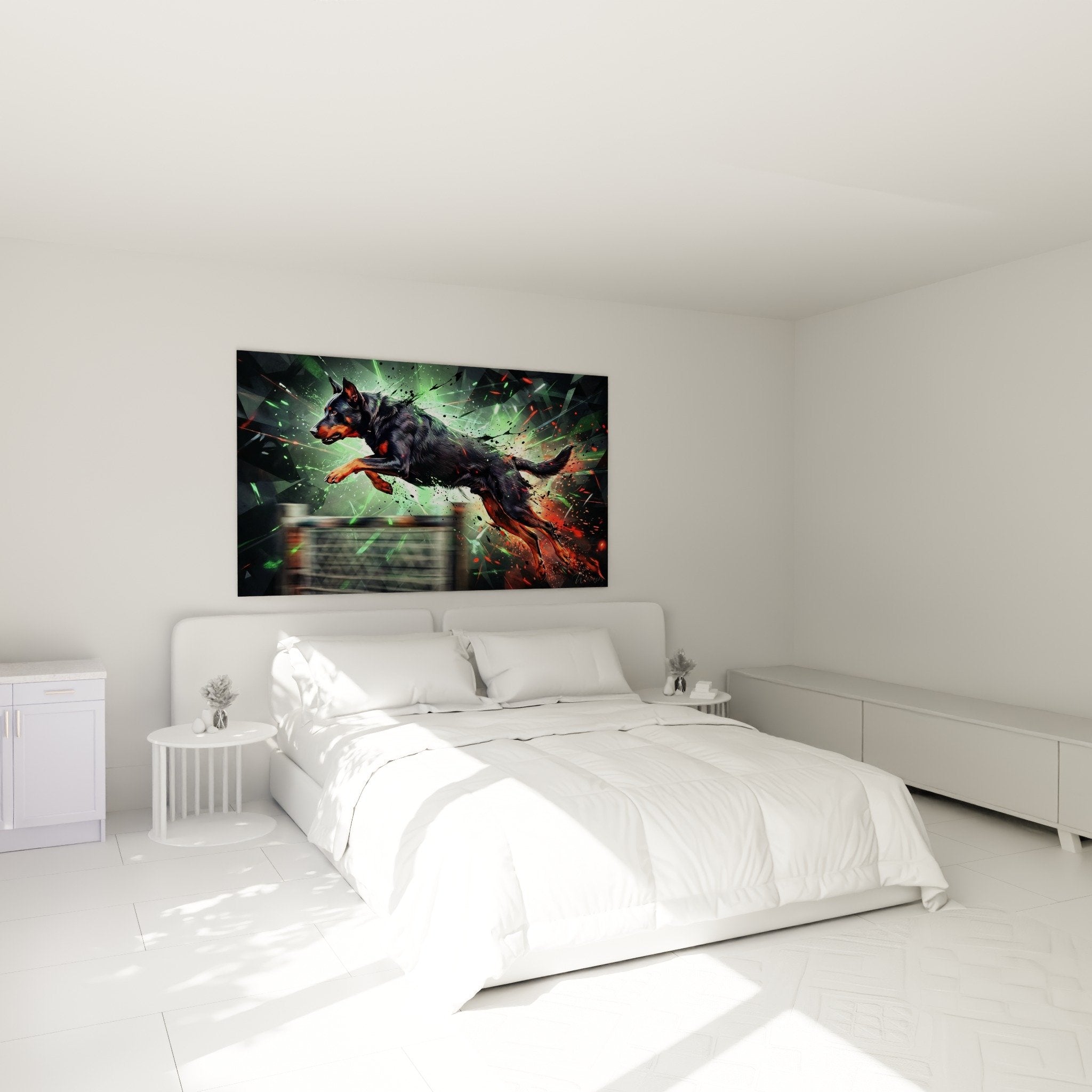 Arte murale Beauceron futuristica con particelle colorate che decorano una camera contemporanea con pareti bianche