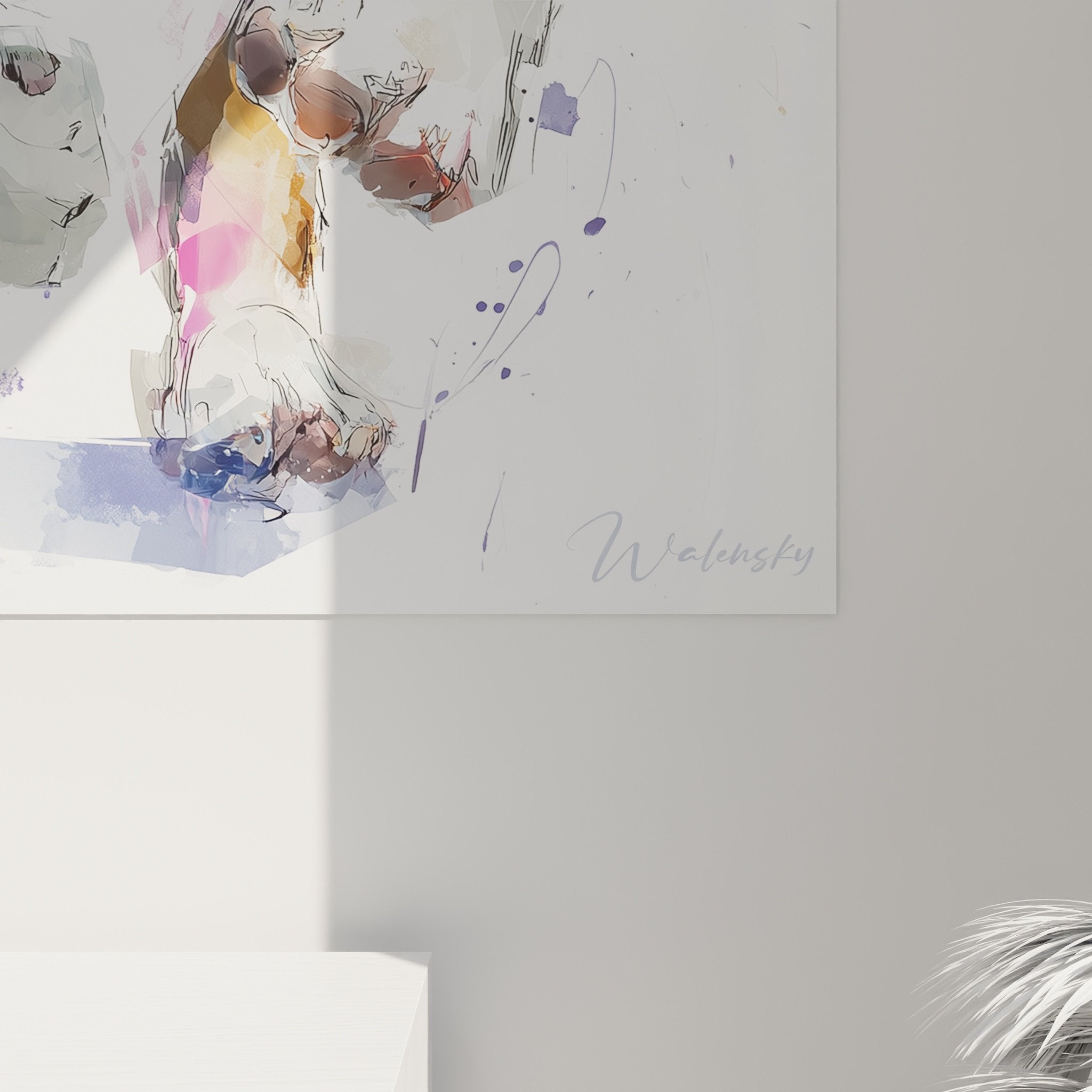 Tableau mural bouledogue anglais style aquarelle moderne avec éclaboussures bleues et orangées dynamiques