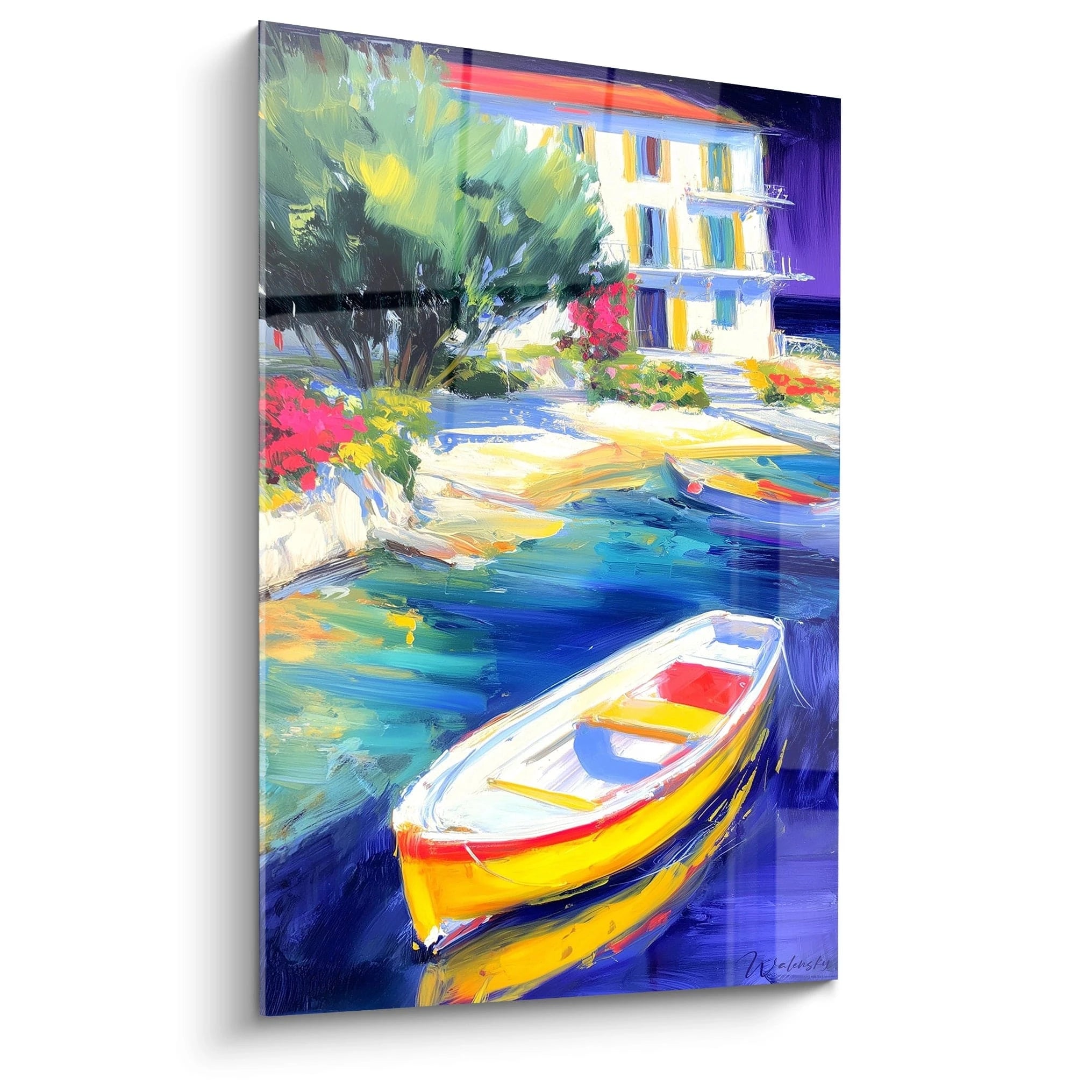 Walensky tableau impressionniste barque portuaire peinture murale coloree bateau jaune dans un port devant maisons et fleurs
