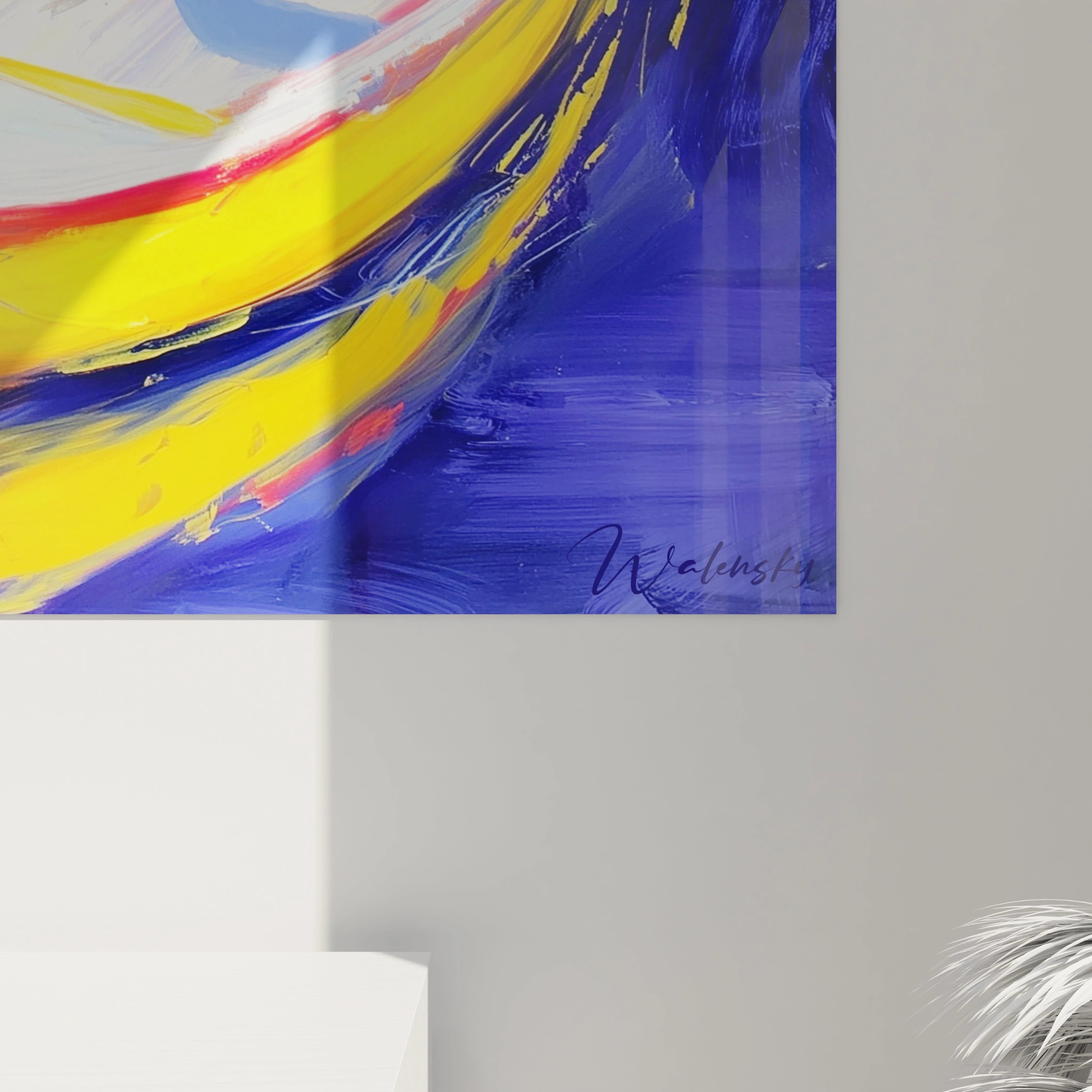 tableau impressionniste barque portuaire Walensky peinture murale bleue et jaune abstraite signature visible