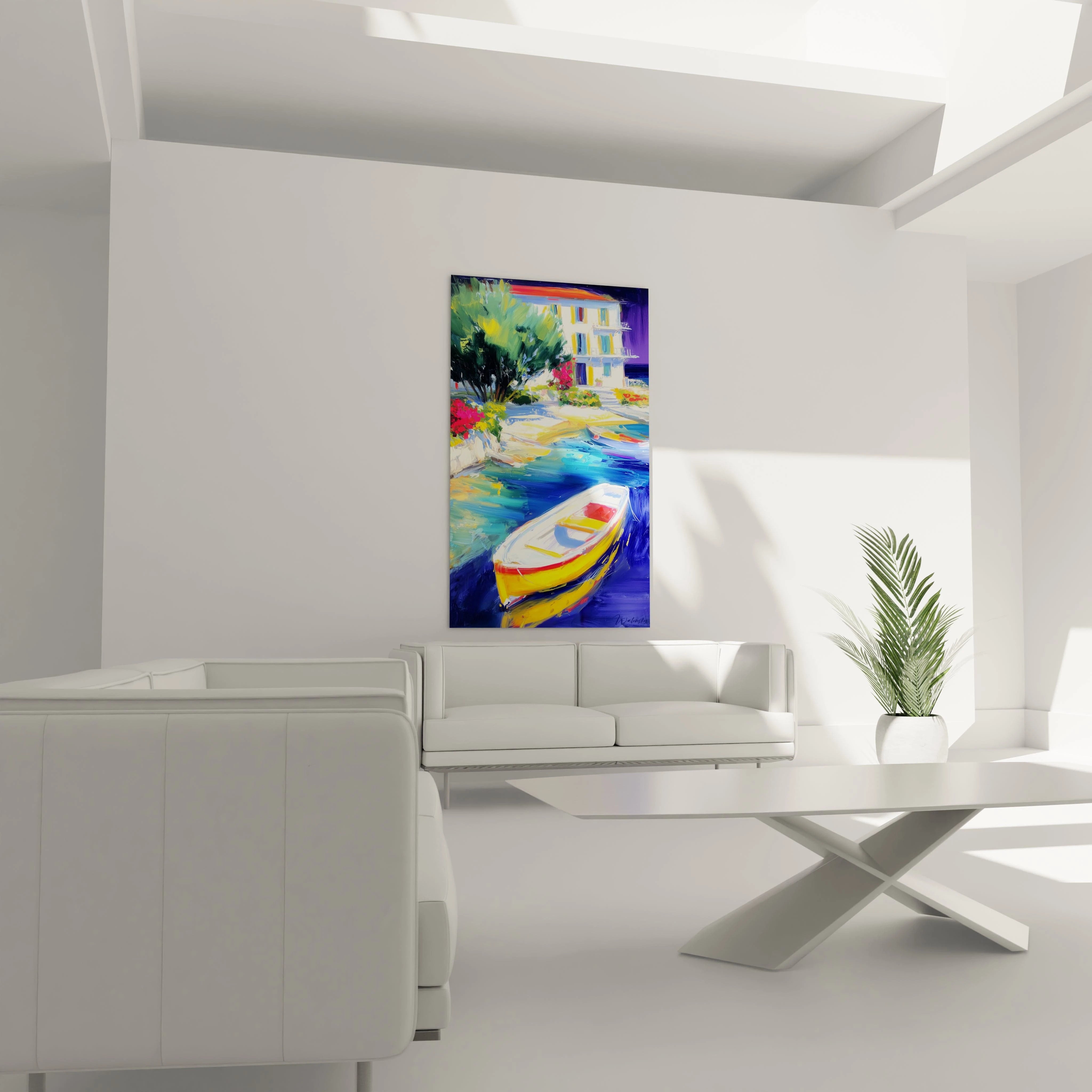 Tableau mural Walensky avec tableau impressionniste barque portuaire coloré accroché au dessus d'un canapé blanc