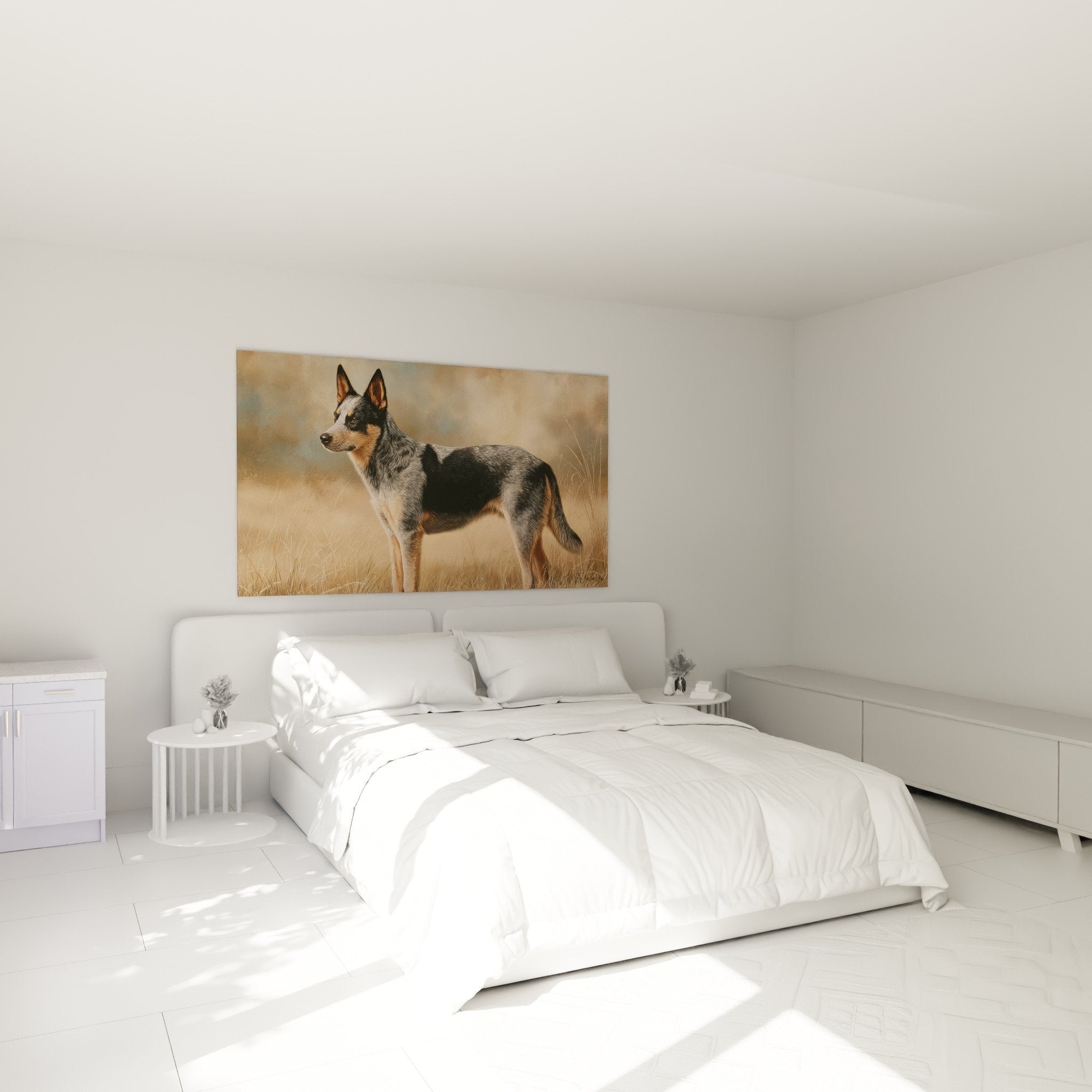 Tableau chien berger tricolore ambiance chambre chaleureuse tons dores prairie campagne