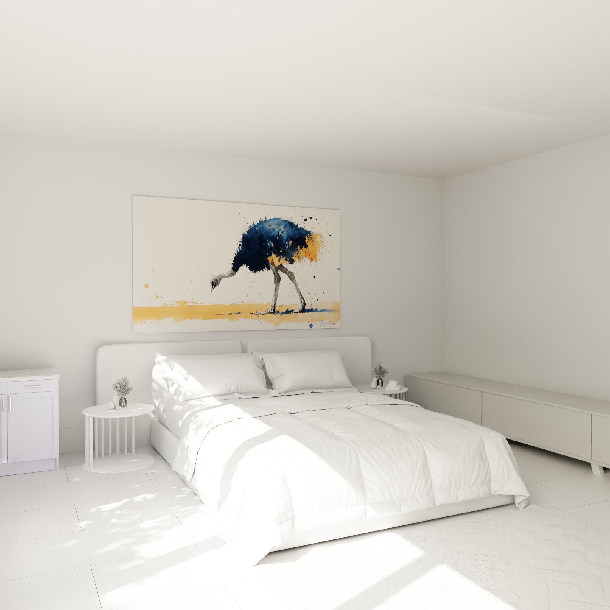 Tableau autruche aquarelle bleu orange dans chambre moderne decoration murale contemporaine