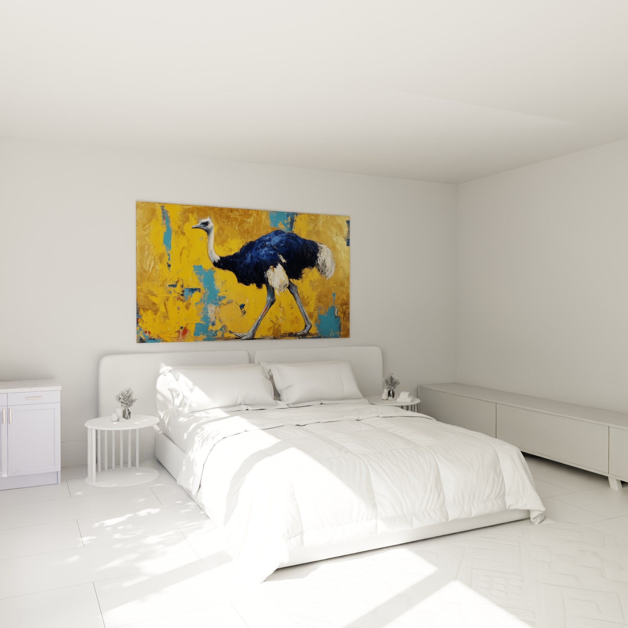 Autruche bleue toile moderne chambre decoration murale art expressionniste tons chauds