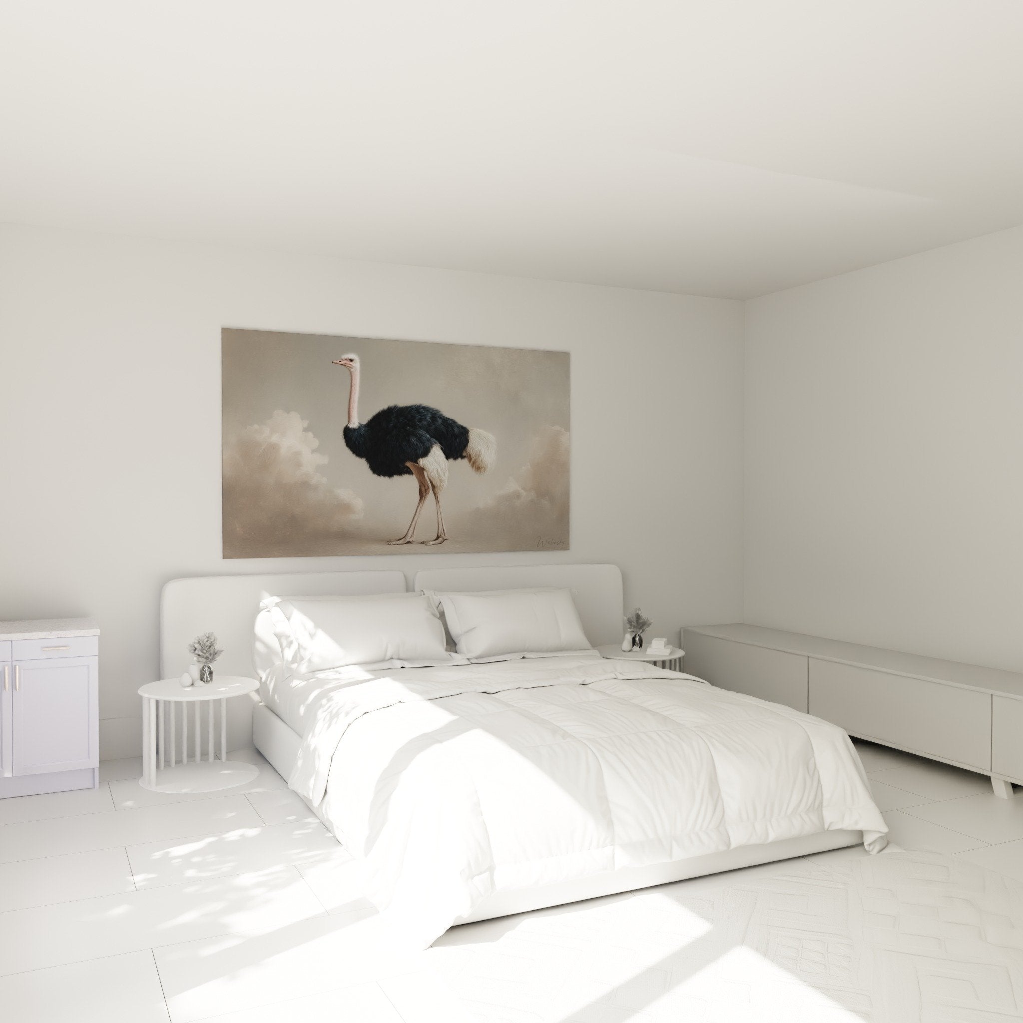 Tableau autruche noir et blanc dans chambre moderne, décoration murale animaux, ambiance naturelle