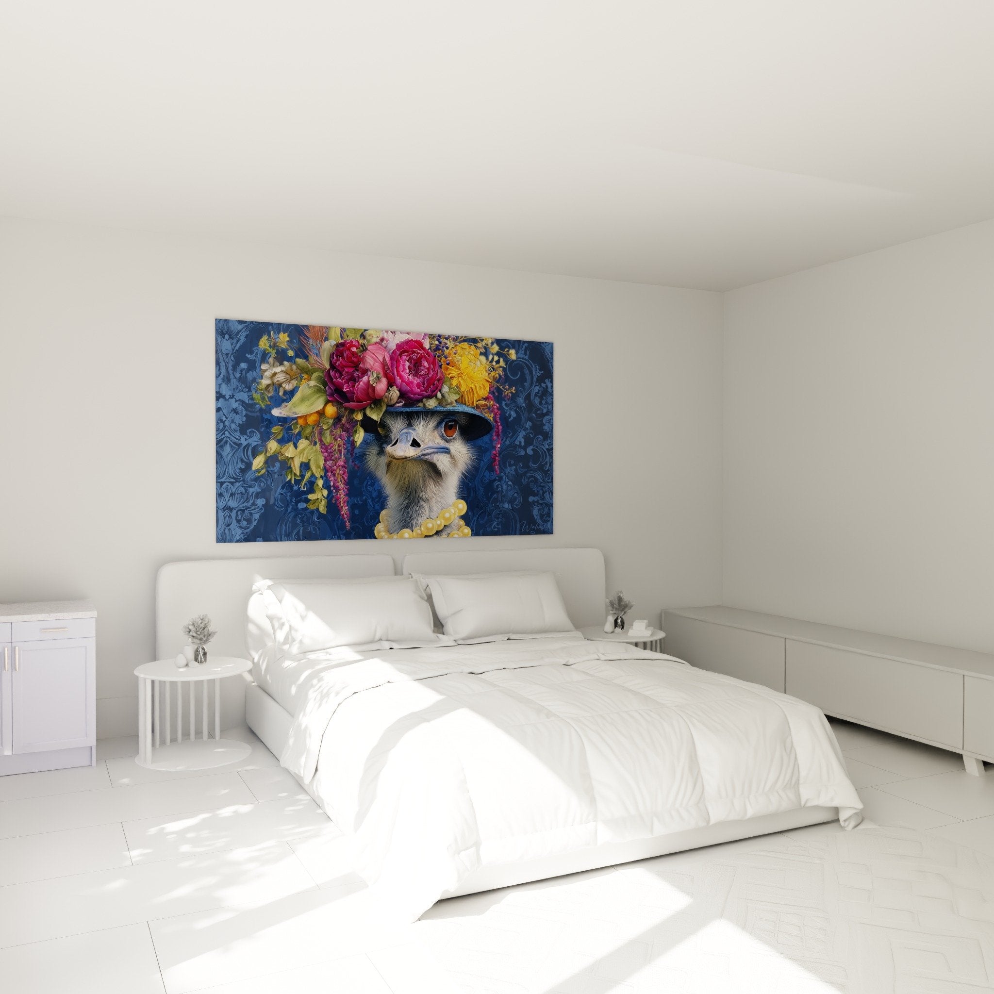 Elegantes Strauß-Gemälde mit Blumenhut dekoriert Schlafzimmer weiße Wände raffinierte Atmosphäre
