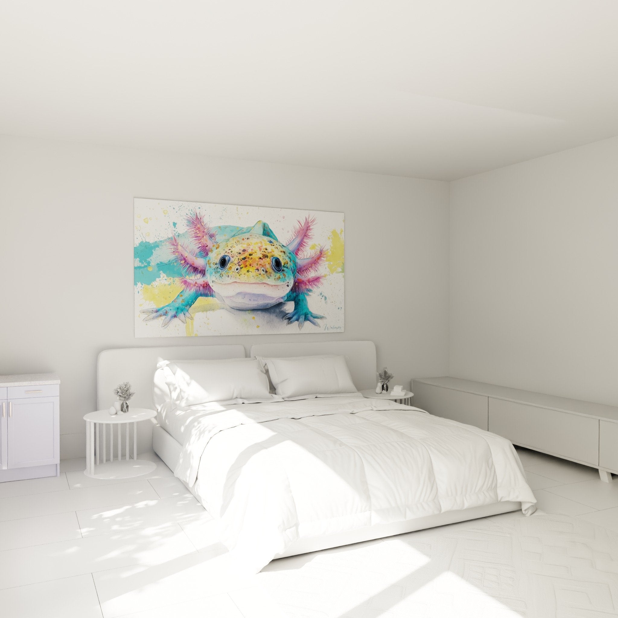Tableau axolotl coloré dans chambre moderne aux murs blancs avec mobilier contemporain